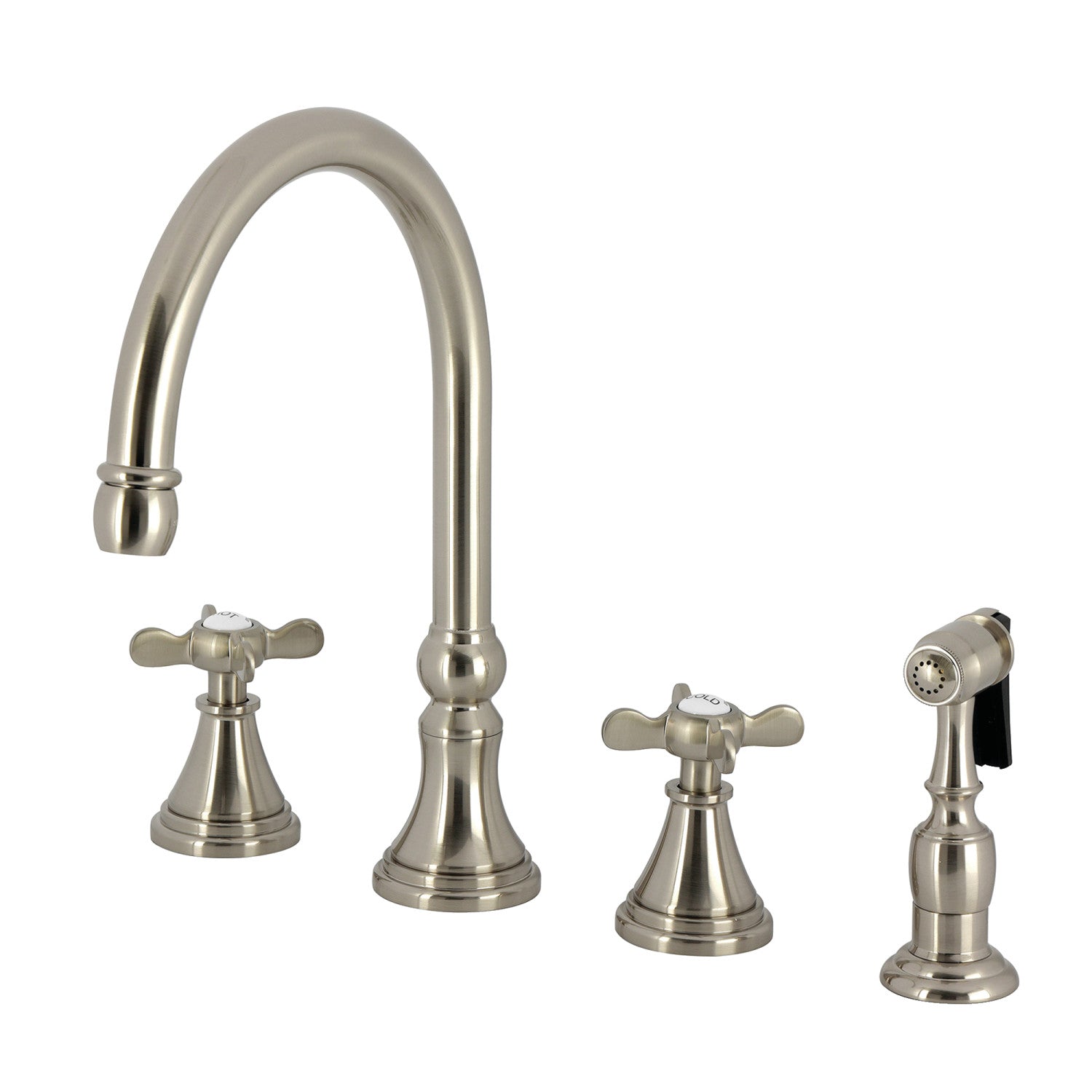 Kingston Tulare KS2798BEXBS - Robinet de cuisine à double poignée 4 trous avec pulvérisateur en laiton, nickel brossé