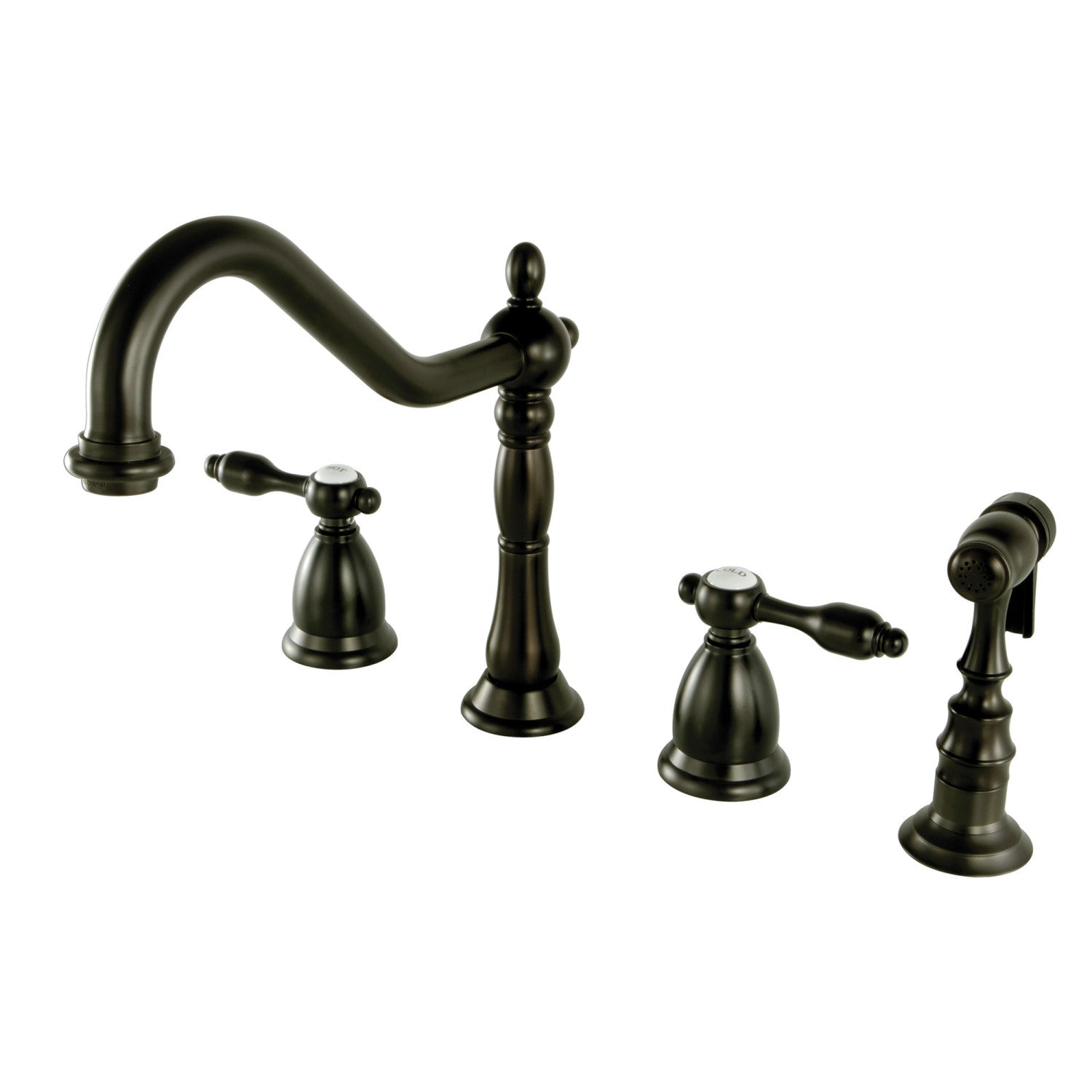 Kingston Heirloom KS1795TALBS - Robinet de cuisine à double poignée Tudor 4 trous avec pulvérisateur en laiton, bronze à l'huile