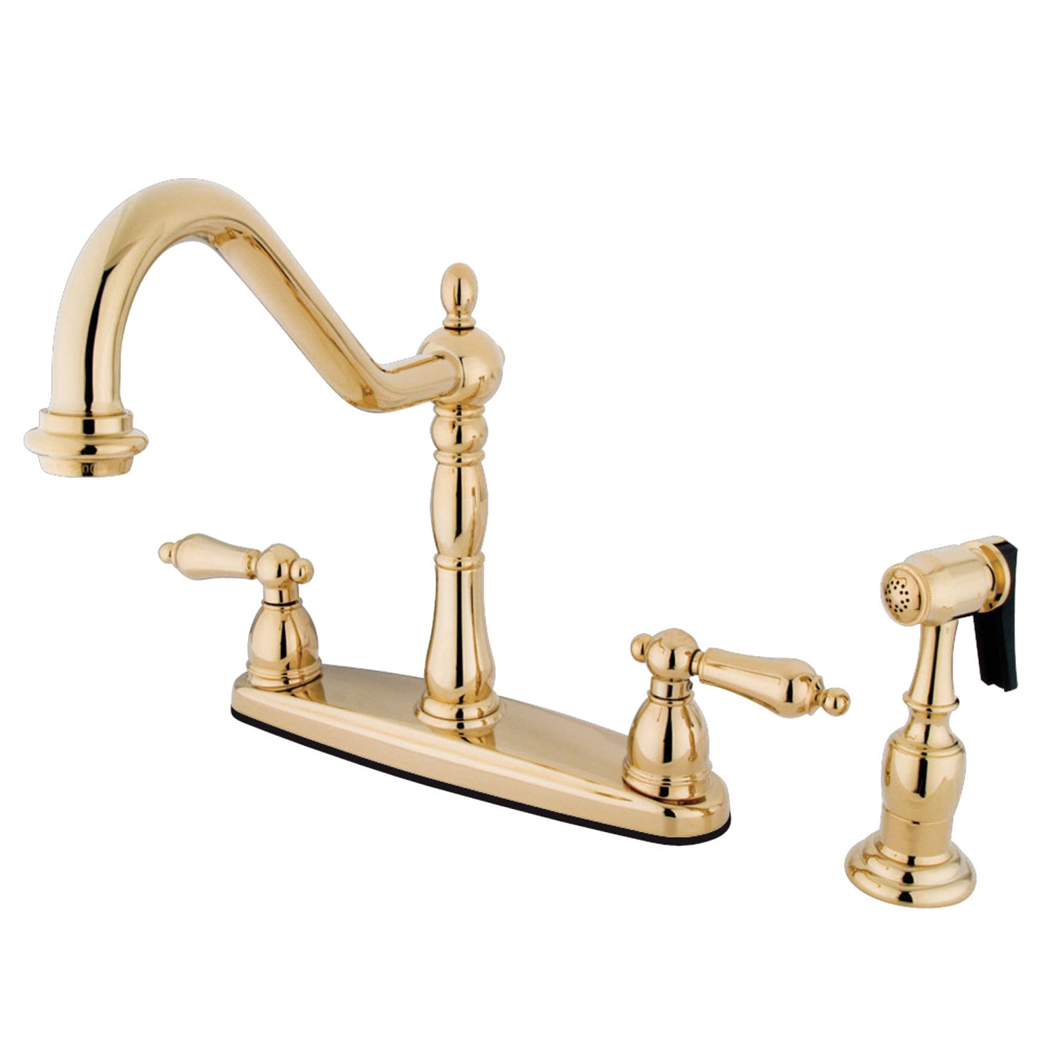 Kingston Heirloom KB1752ALBS - Robinet de cuisine central à deux poignées Heritage 4 trous 8" avec pulvérisateur en laiton poli