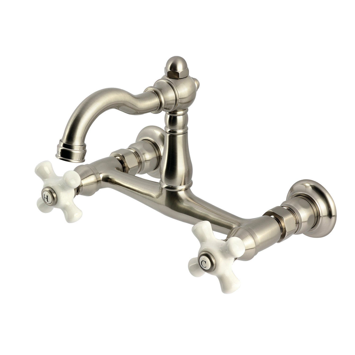 Kingston Heirloom KS3258PX - Robinet de cuisine à deux poignées vintage 2 trous Wall Mount Bridge, nickel brossé