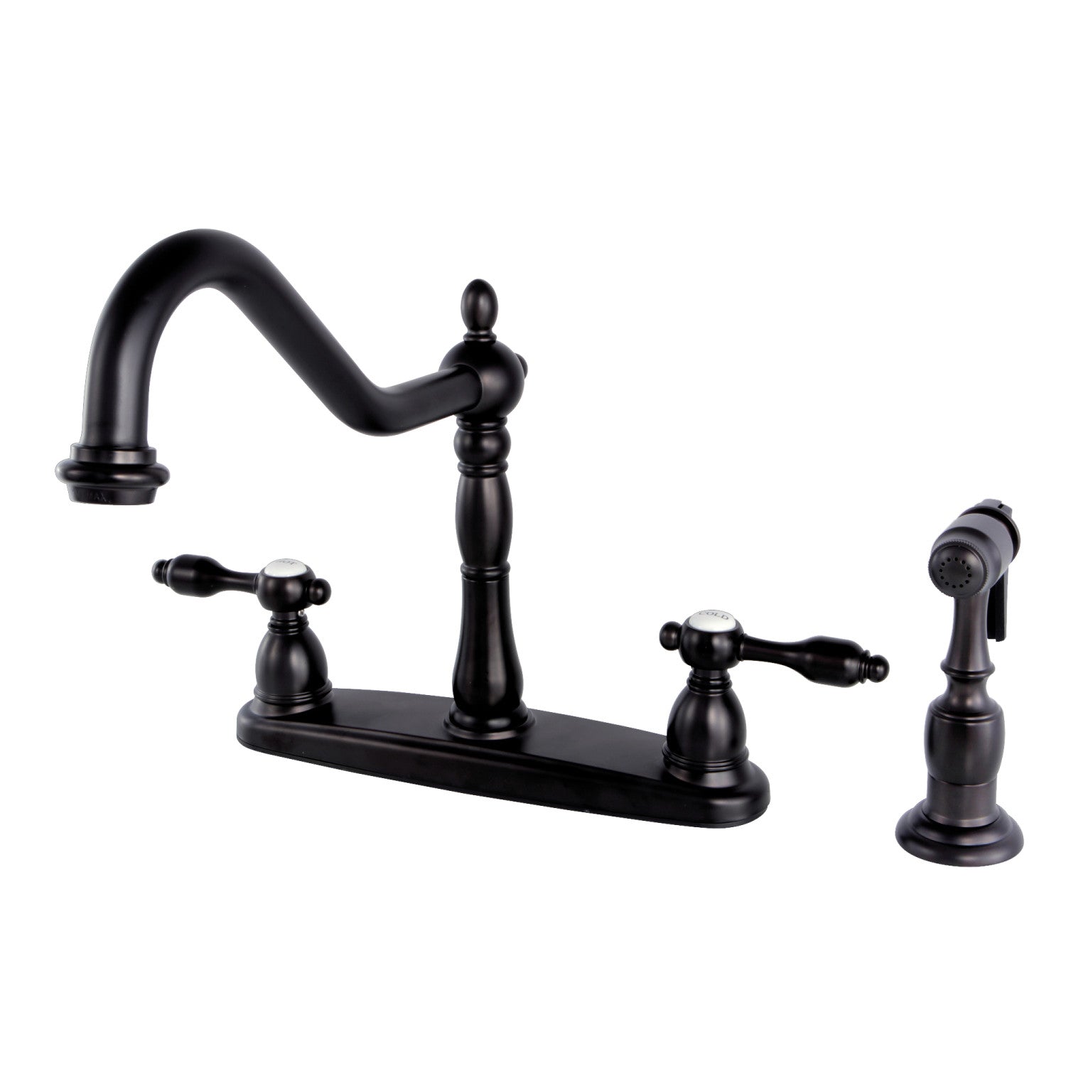 Kingston Heirloom KB1755TALBS - Robinet de cuisine central à deux poignées Tudor 4 trous 8" avec pulvérisateur en laiton, bronze frotté à l'huile