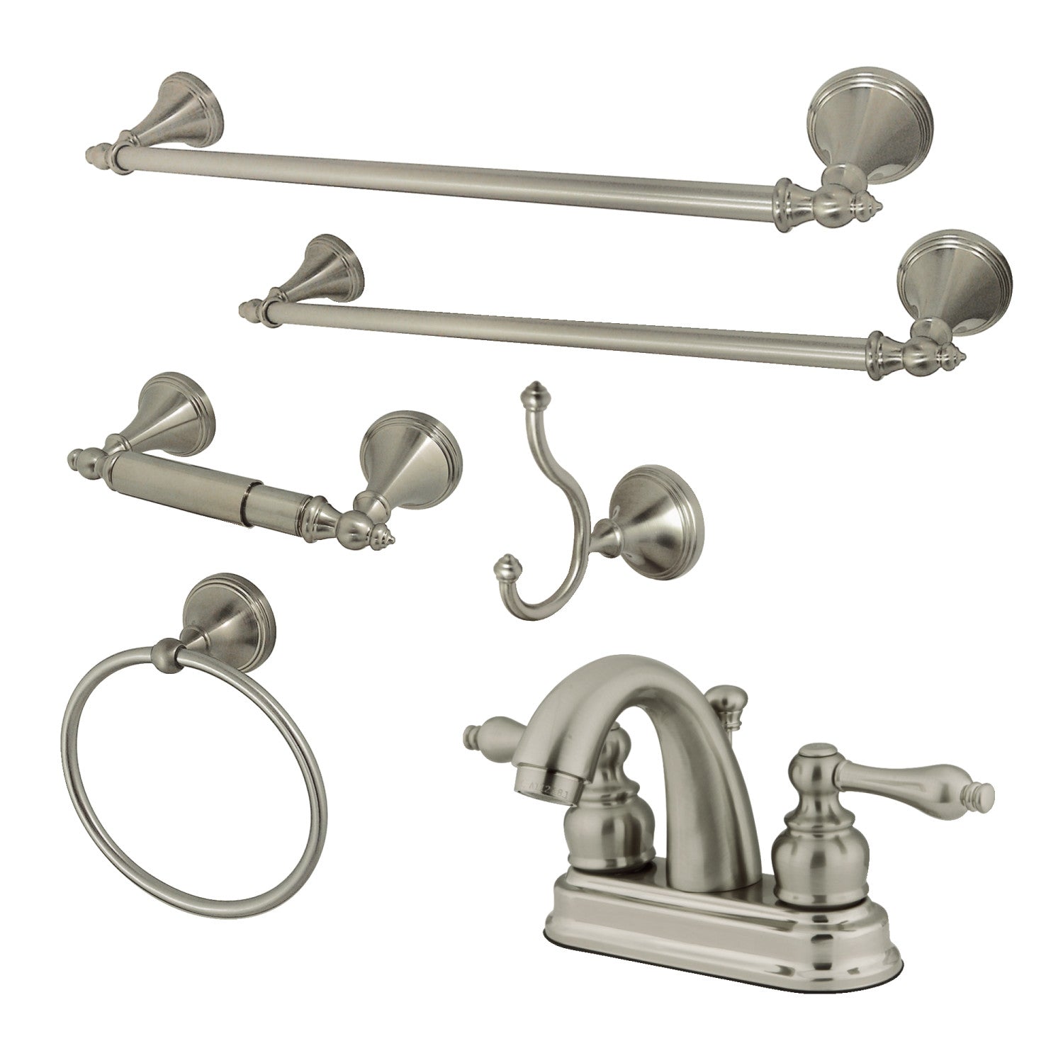 Kingston Heirloom KBK5618AL Double-Handle 3 trous montage sur plage 4-Inch Centerset Robinet de salle de bains avec kit d'accessoires de salle de bains 5-Piece, Nickel brossé