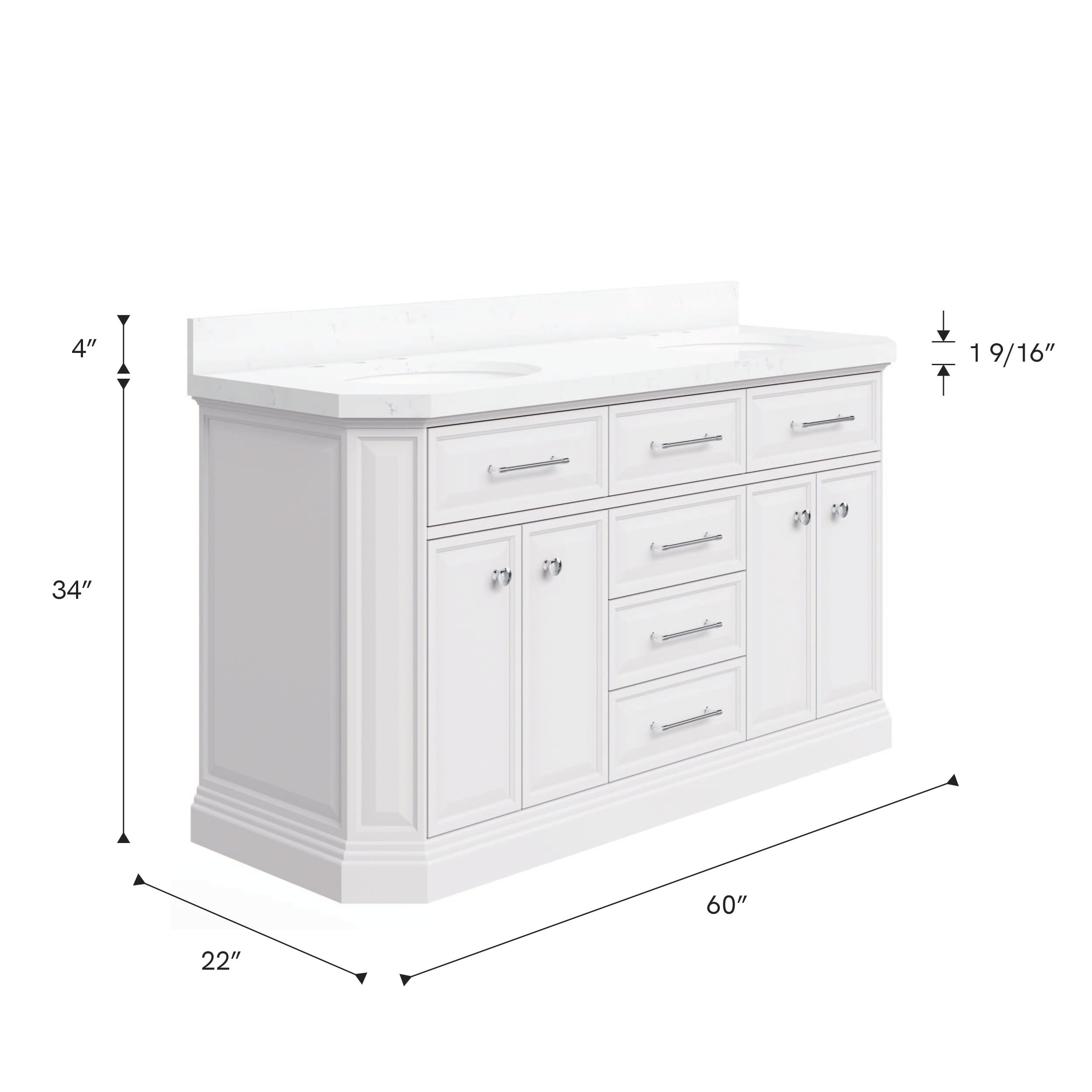 Kingston Luxe PA60QZ01PW - 60 in. x 22 in. Bathroom Vanity Quartz Top and White Basin, Pure White
