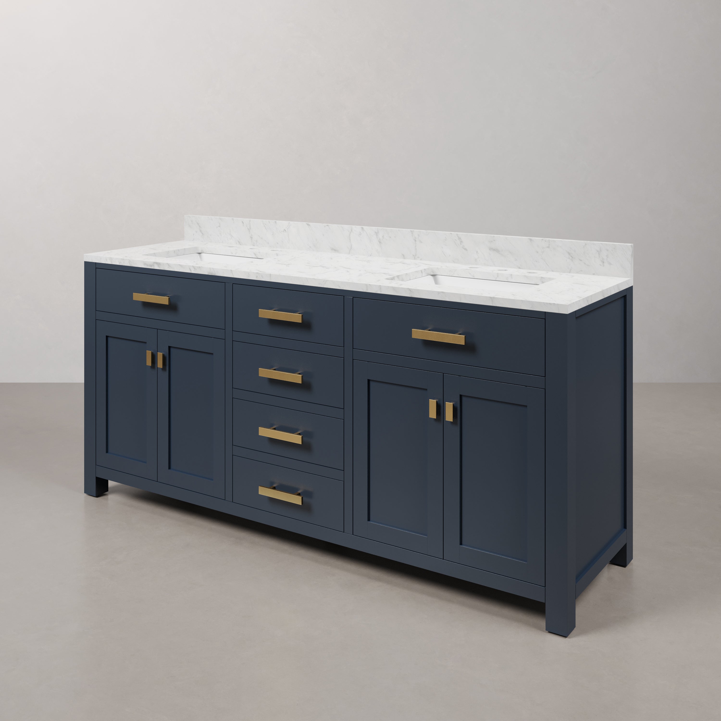 Kingston Luxe MS72CW06MB - 72 in. x 21.5 in. Bathroom Vanity Carrara White Marble Top and White Basins, Monarch Blue