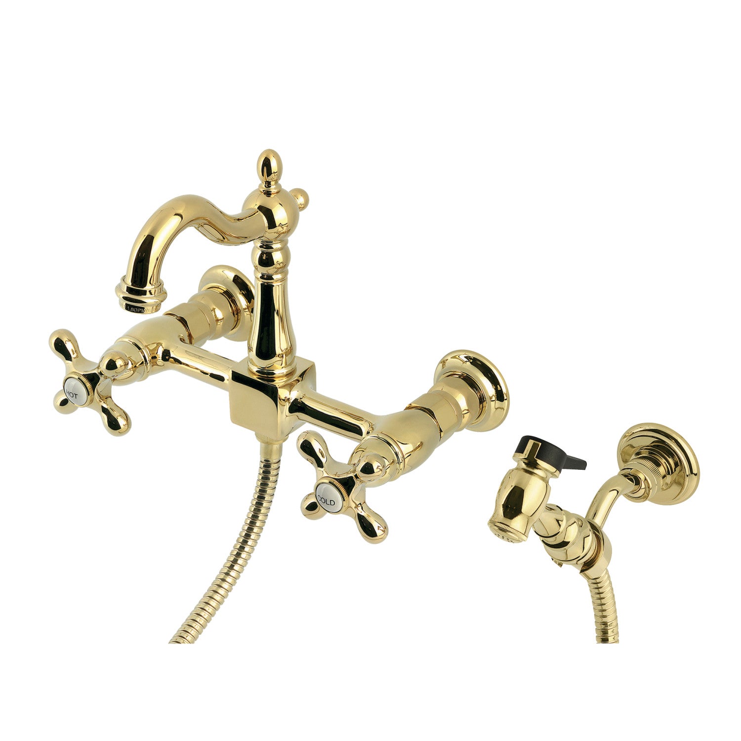 Kingston Heirloom KS2442AXBS - Robinet de cuisine à double poignée Heritage 3 trous Wall Mount Bridge avec pulvérisateur en laiton, laiton poli