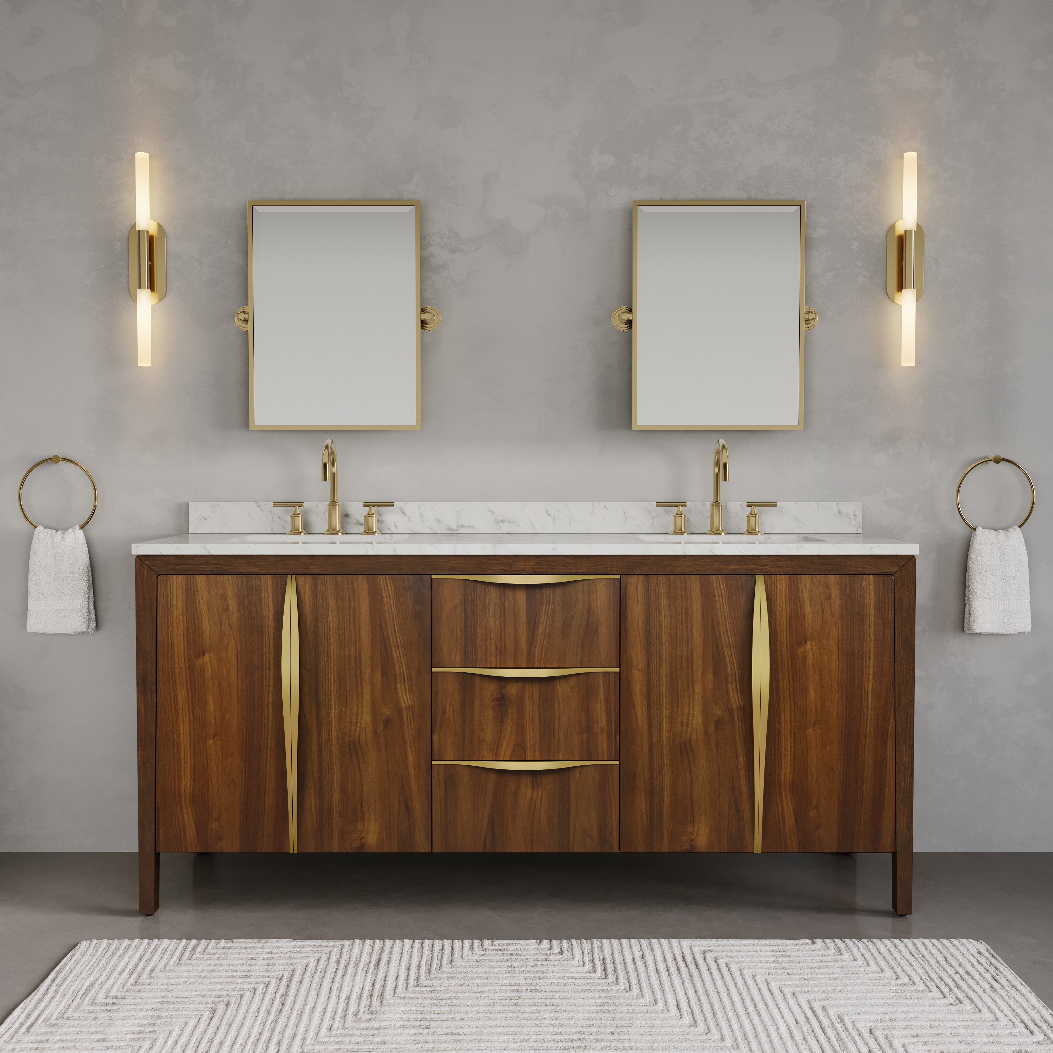 Kingston Luxe FE72CW06NJ - 72 in. x 22 in. Bathroom Vanity Double Sink with Carrara White Marble Top and White Basin, Noir Juglans