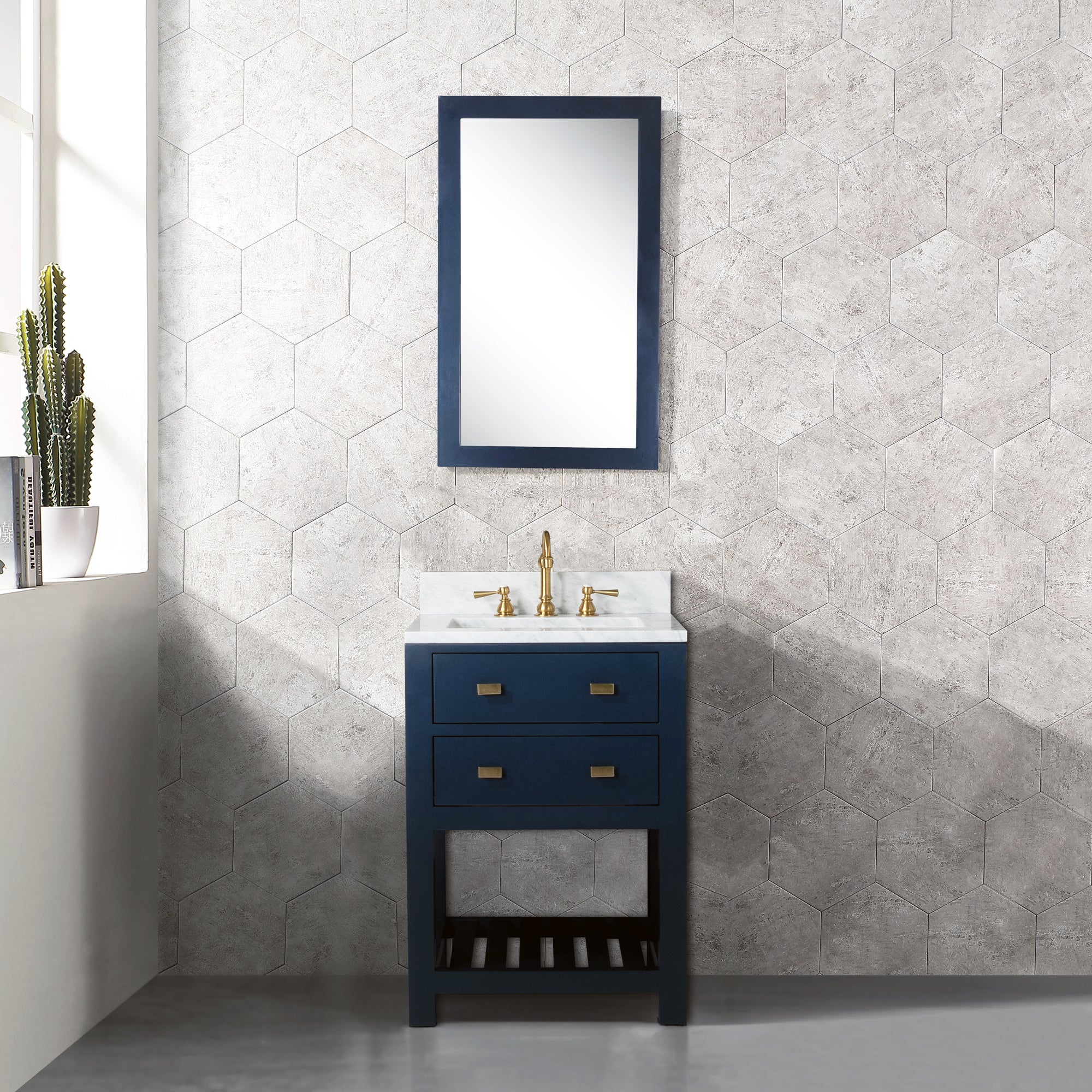 Kingston Luxe MA24CW06MB - 24 in. x 21.5 in. Bathroom Vanity Carrara White Marble Top and White Basin, Monarch Blue