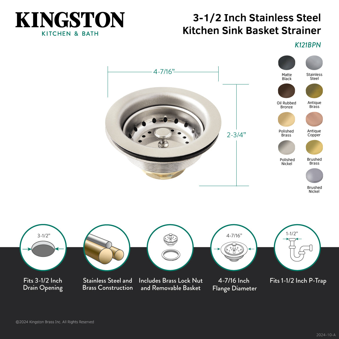 Kingston Fresno K121BBN 3-1/2 Inch Kitchen Sink Basket Strainer Only, Brushed Nickel