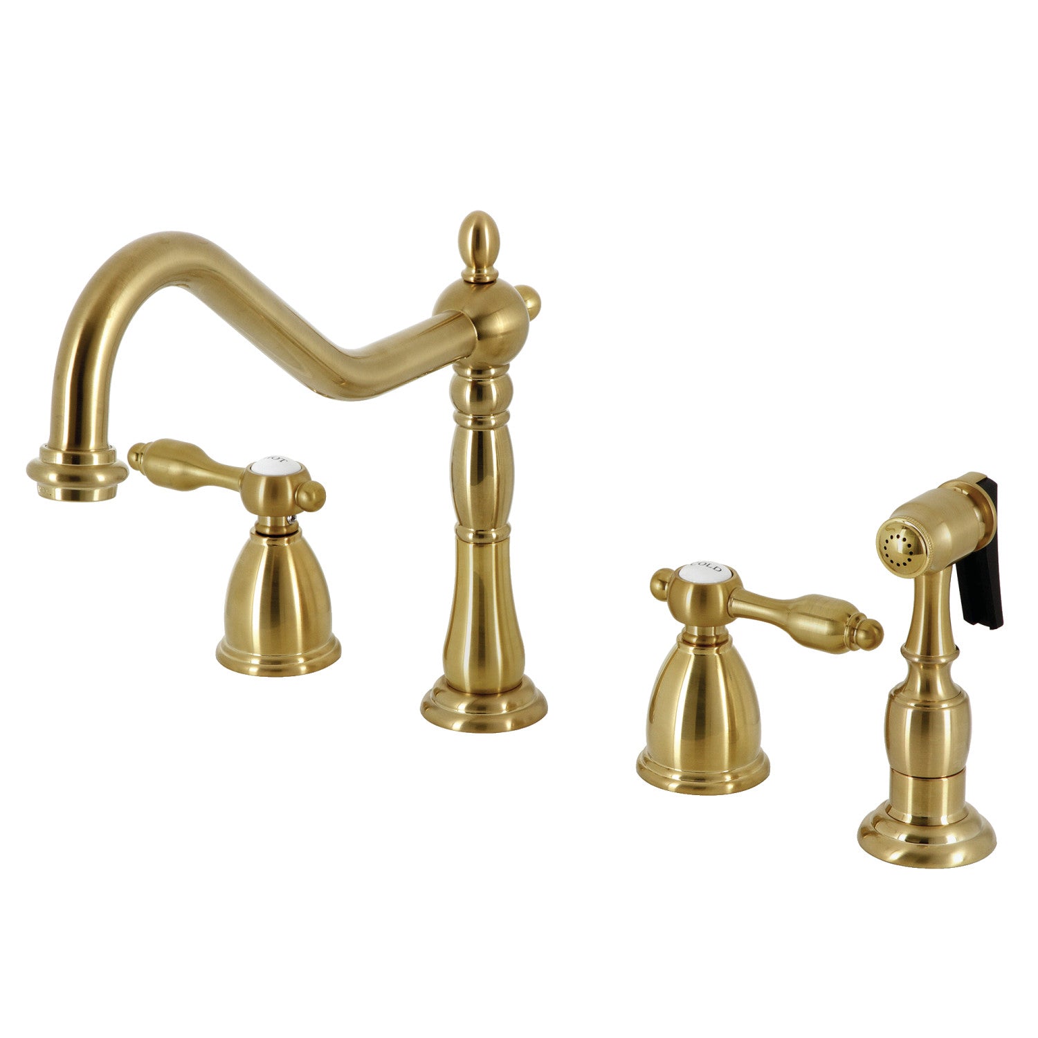 Kingston Heirloom KB1797TALBS - Tudor Double-Handle 4 trous Robinet de cuisine répandu avec pulvérisateur en laiton, laiton brossé
