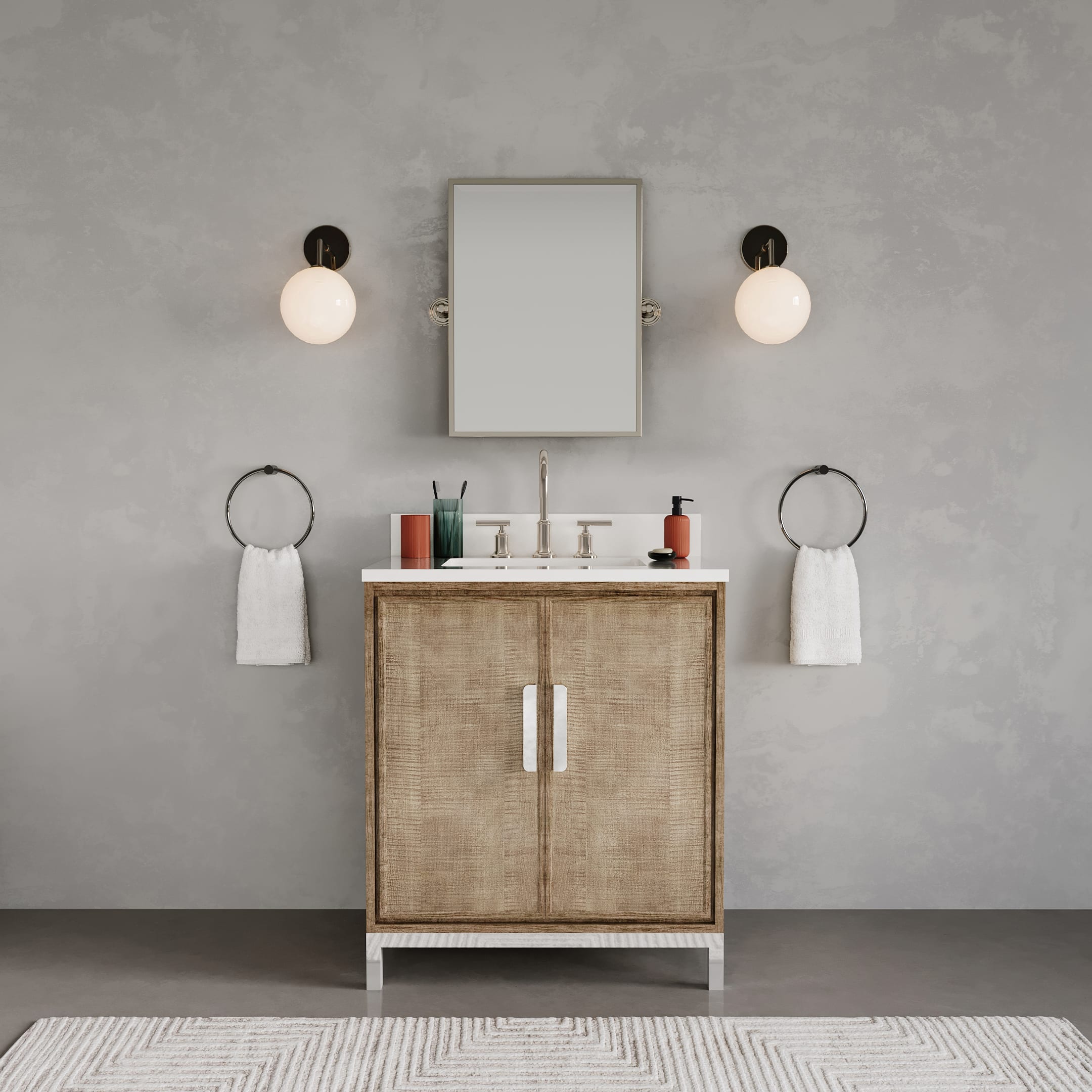 Kingston Luxe WE30QZ01LW - 30 in. x 22 in. Bathroom Vanity Single Sink with White Brook Quartz Top, Lustrous Walnut