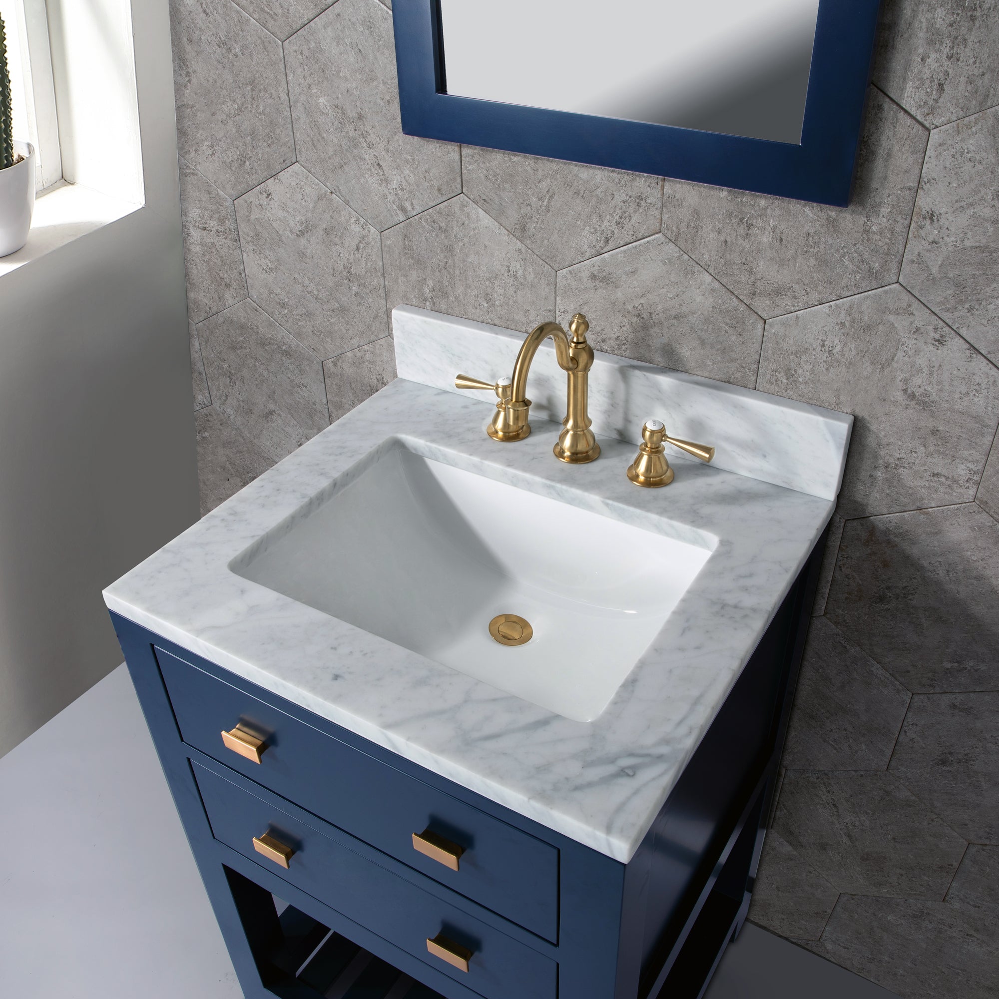 Kingston Luxe MA24CW06MB - 24 in. x 21.5 in. Bathroom Vanity Carrara White Marble Top and White Basin, Monarch Blue