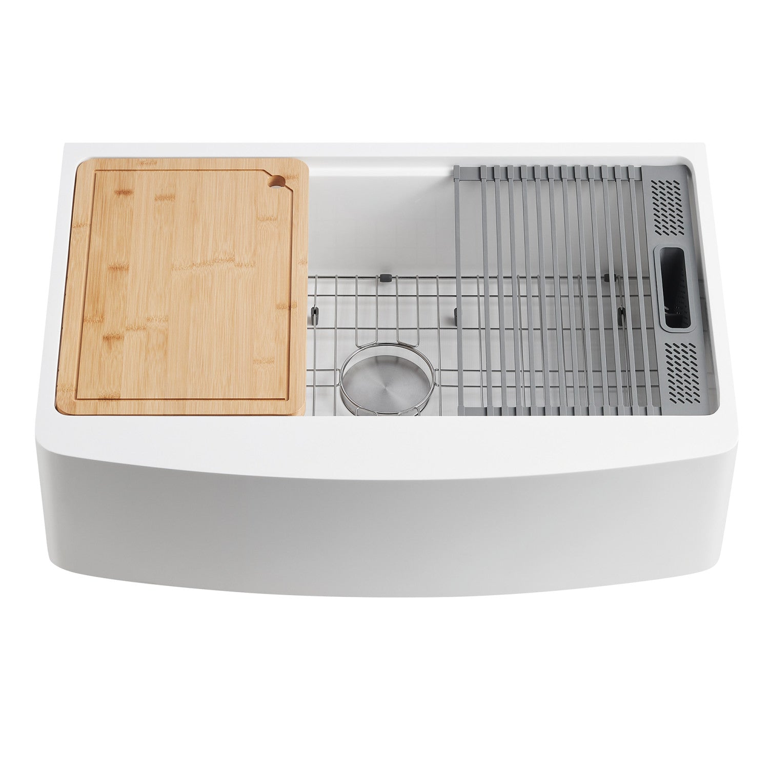 Kingston Sona GKKA33229 - Miranda 33-Inch Solid Surface White Stone Apron-Front Single Bowl Farmhouse Kitchen Sink with 6-Piece Kitchen Accessory Set, Glossy White