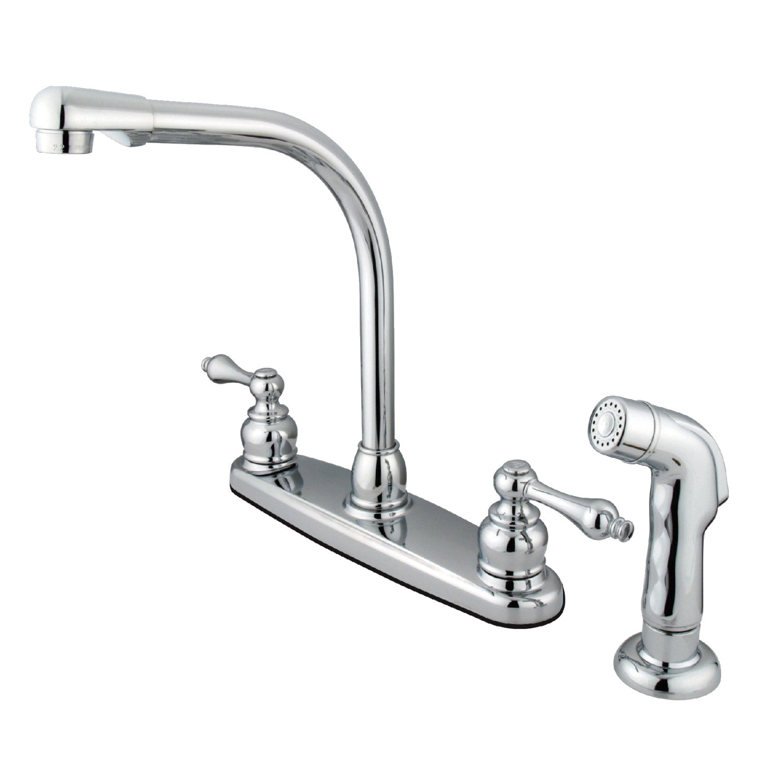 Kingston Tulare KB711ALSP - Robinet de cuisine central à deux poignées victorienne 4 trous 8" avec pulvérisateur latéral, chrome poli