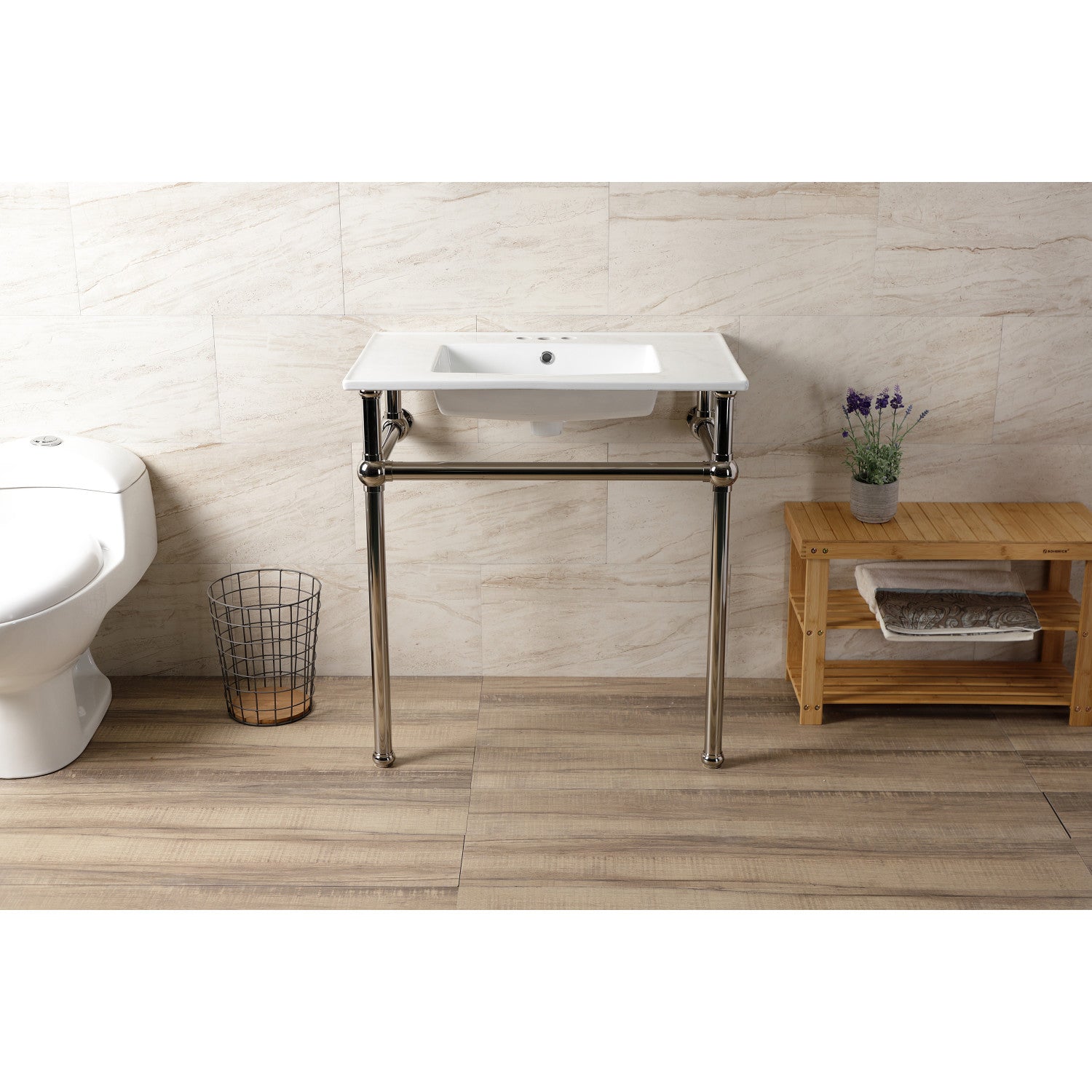 Kingston Heirloom KVBH31227W4B6 - Templeton 31-Inch Ceramic Console Sink with Brass Legs (4-Inch, 3-Hole), White/Polished Nickel