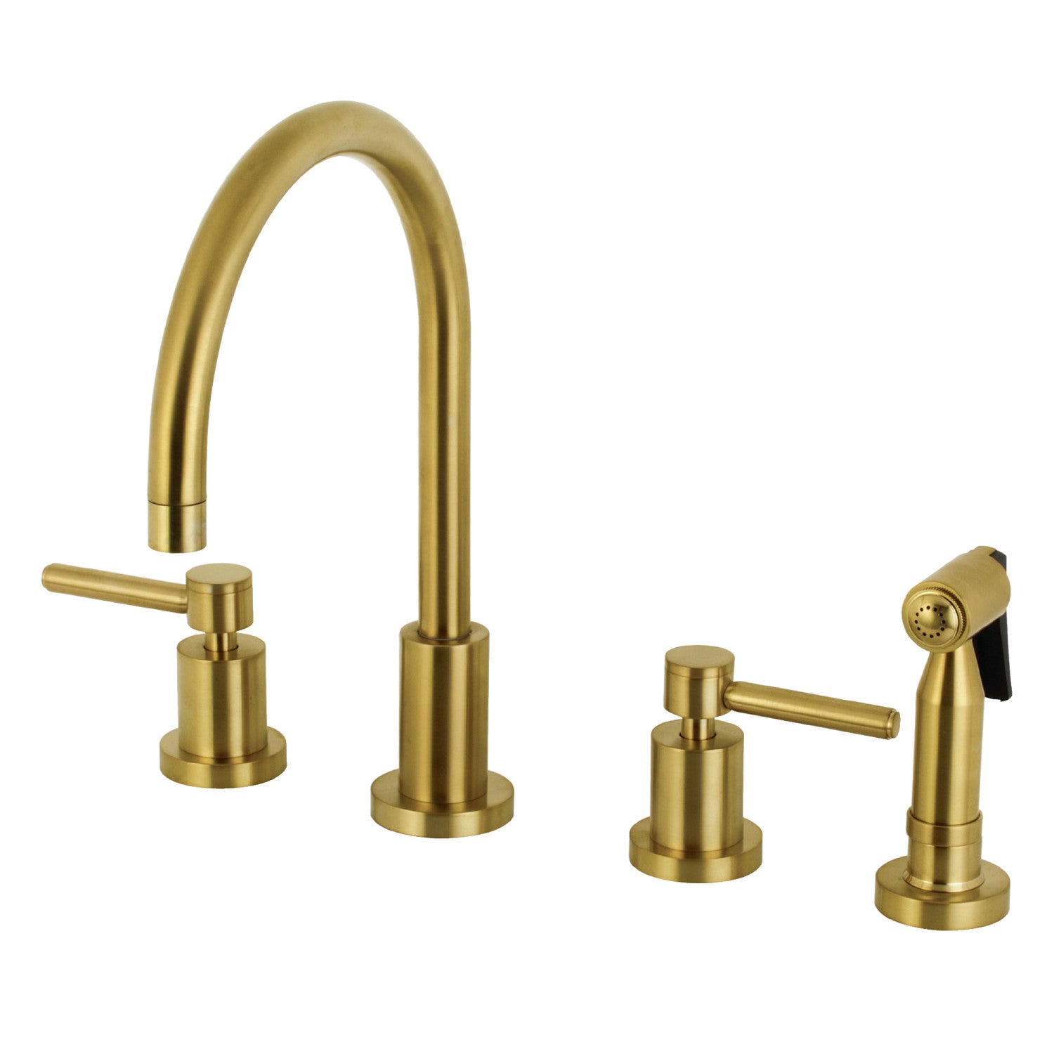 Kingston Sona KS8727DLBS - Concord Double-Handle 4-Hole Widespread Kitchen Faucet with Brass Sprayer, Brushed Brass