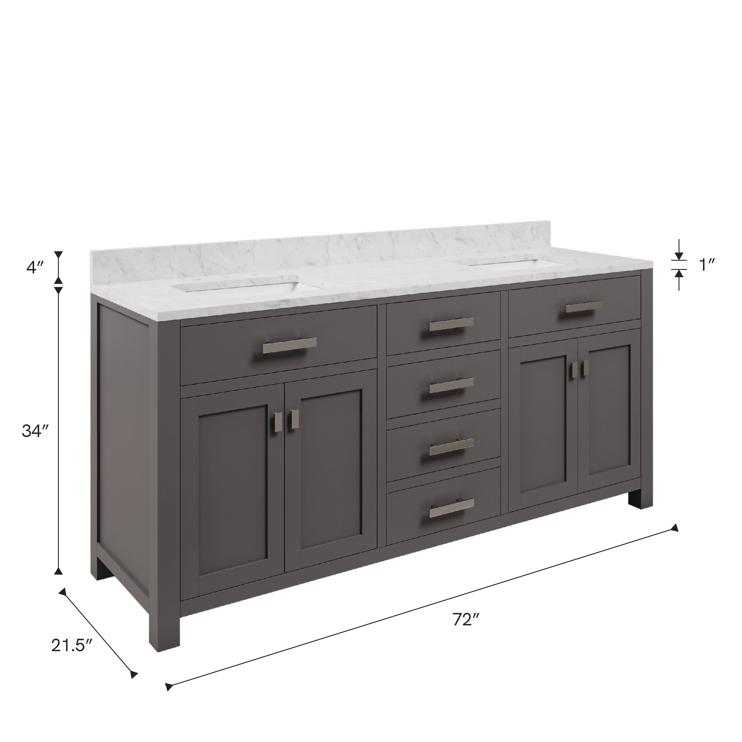 Kingston Luxe MS72CW01CG - 72 in. x 21 in. Bathroom Vanity Marble Top in Carrara White, Cashmere Grey