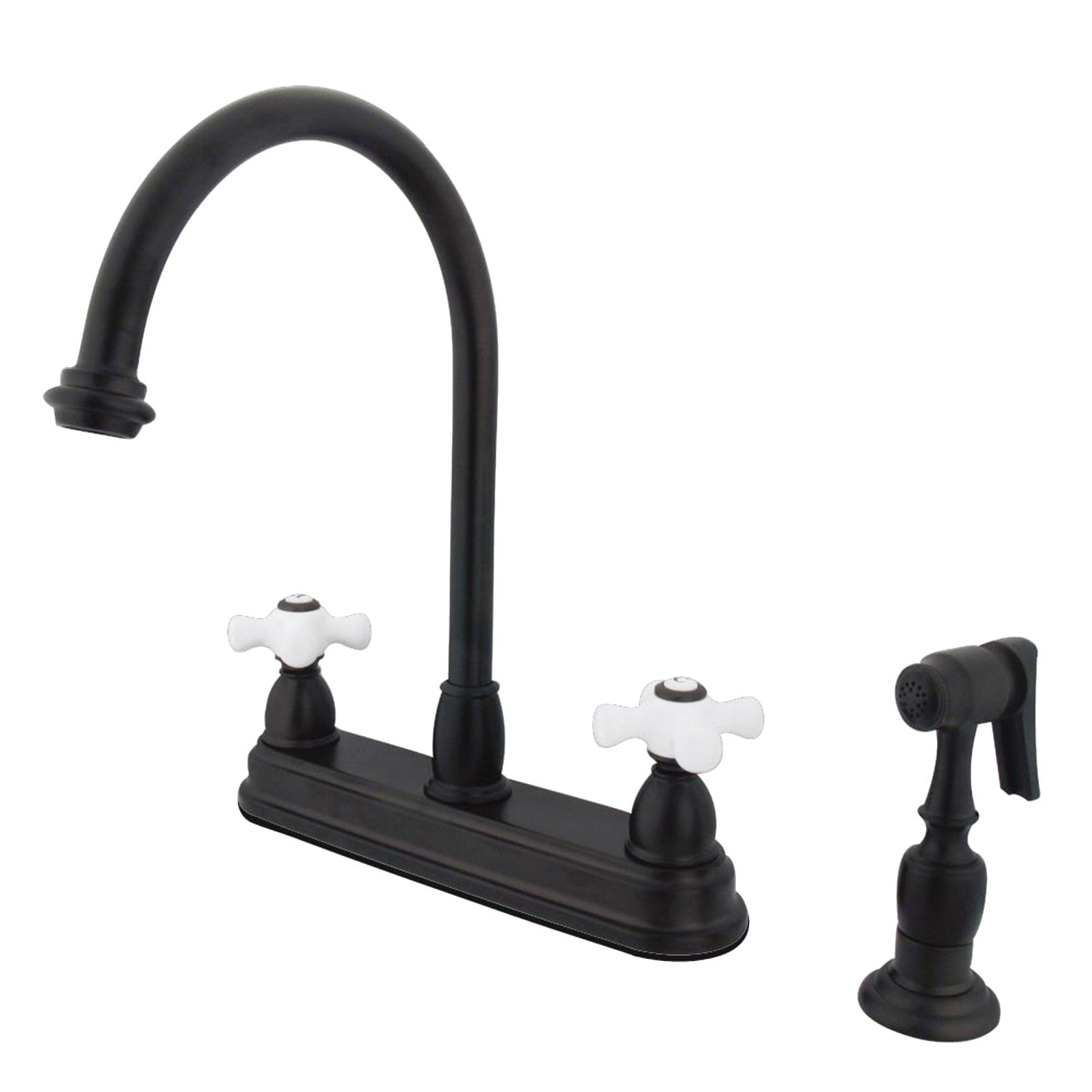 Kingston Heirloom KB3755PXBS - Robinet de cuisine central à deux poignées de restauration 4 trous 8" avec pulvérisateur en laiton, bronze frotté à l'huile