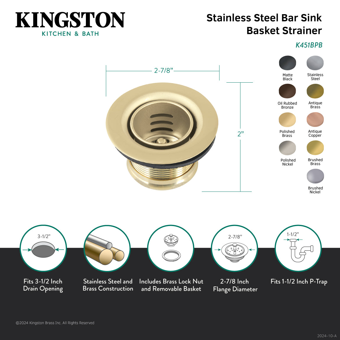Kingston Portland K451BAC Stainless Steel Bar Sink Basket Strainer, Antique Copper