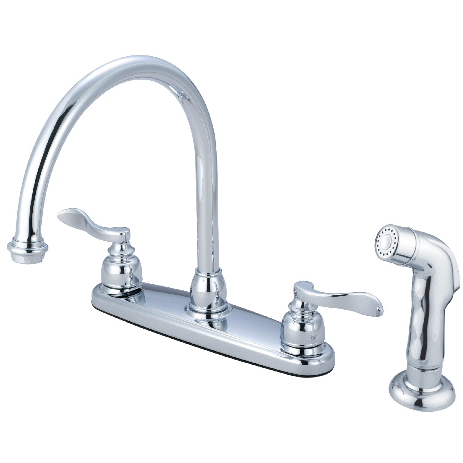 Kingston Tulare KB8791NFLSP - NuWave Robinet de cuisine à deux poignées français 4 trous 8" avec pulvérisateur latéral, chrome poli