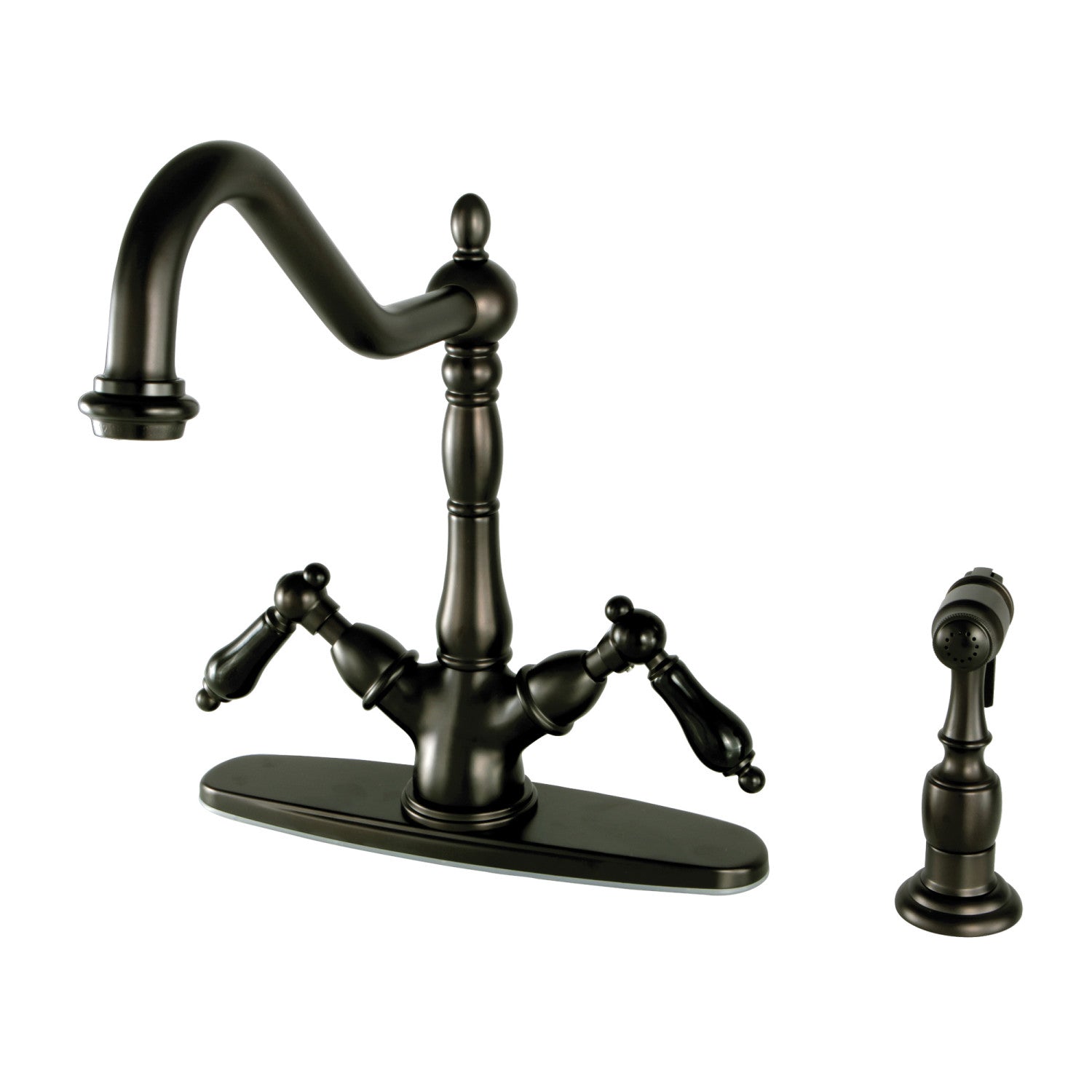 Kingston Heirloom KS1235PKLBS - Robinet de cuisine avec deux poignées 2-or-4 trou avec pulvérisateur en laiton, bronze frotté à l'huile