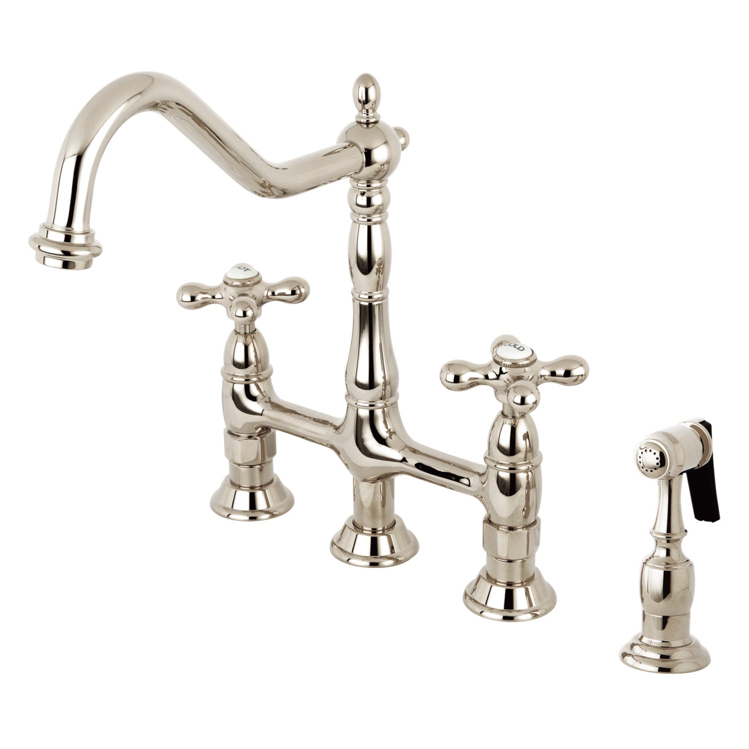 Kingston Heirloom KS1276AXBS - Heritage Two-Handle 4-Hole Deck Mount Bridge Kitchen Faucet with Brass Sprayer, Polished Nickel