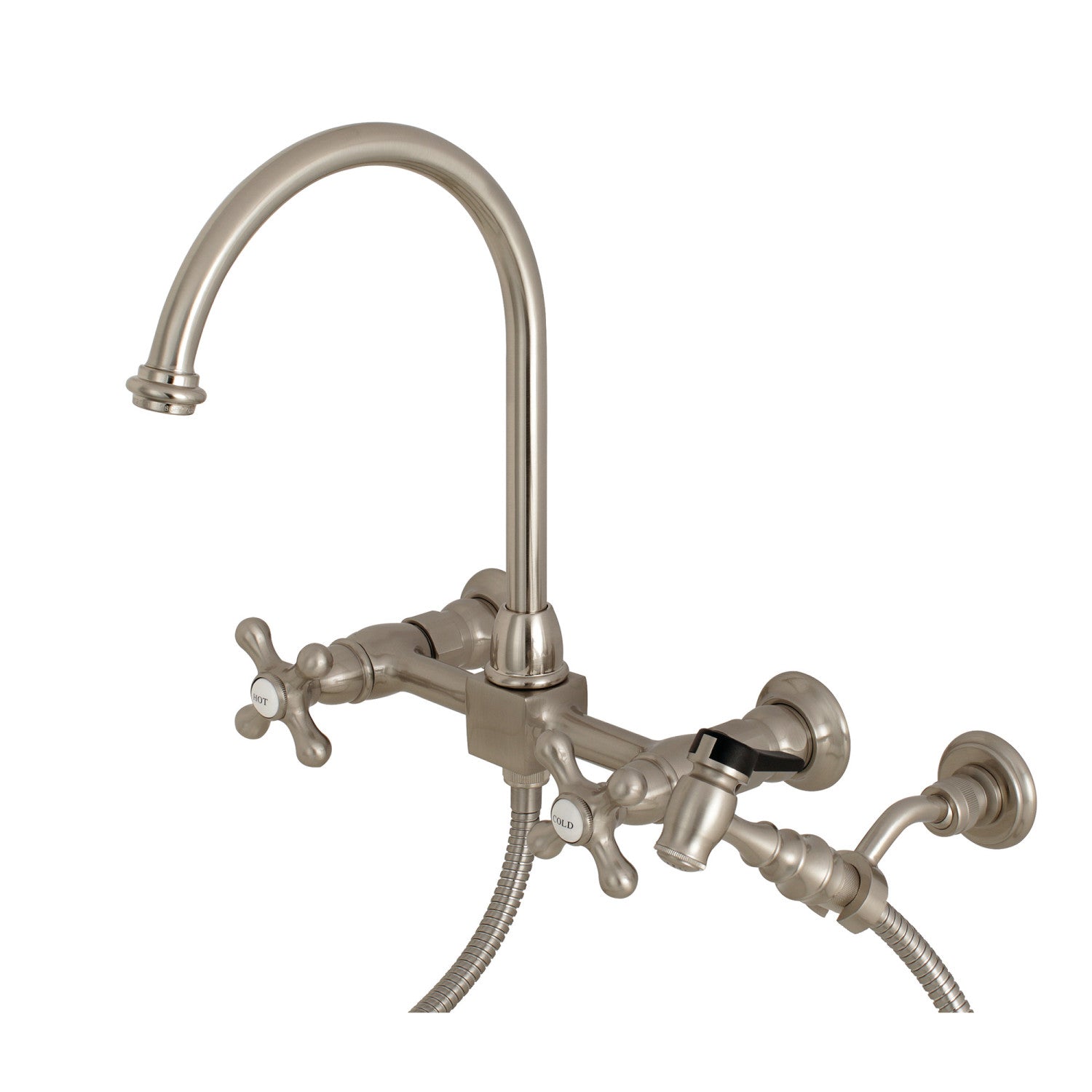 Kingston Tulare KS1298AXBS - Robinet de cuisine à deux poignées 3 trous Wall Mount Bridge avec pulvérisateur en laiton, nickel brossé