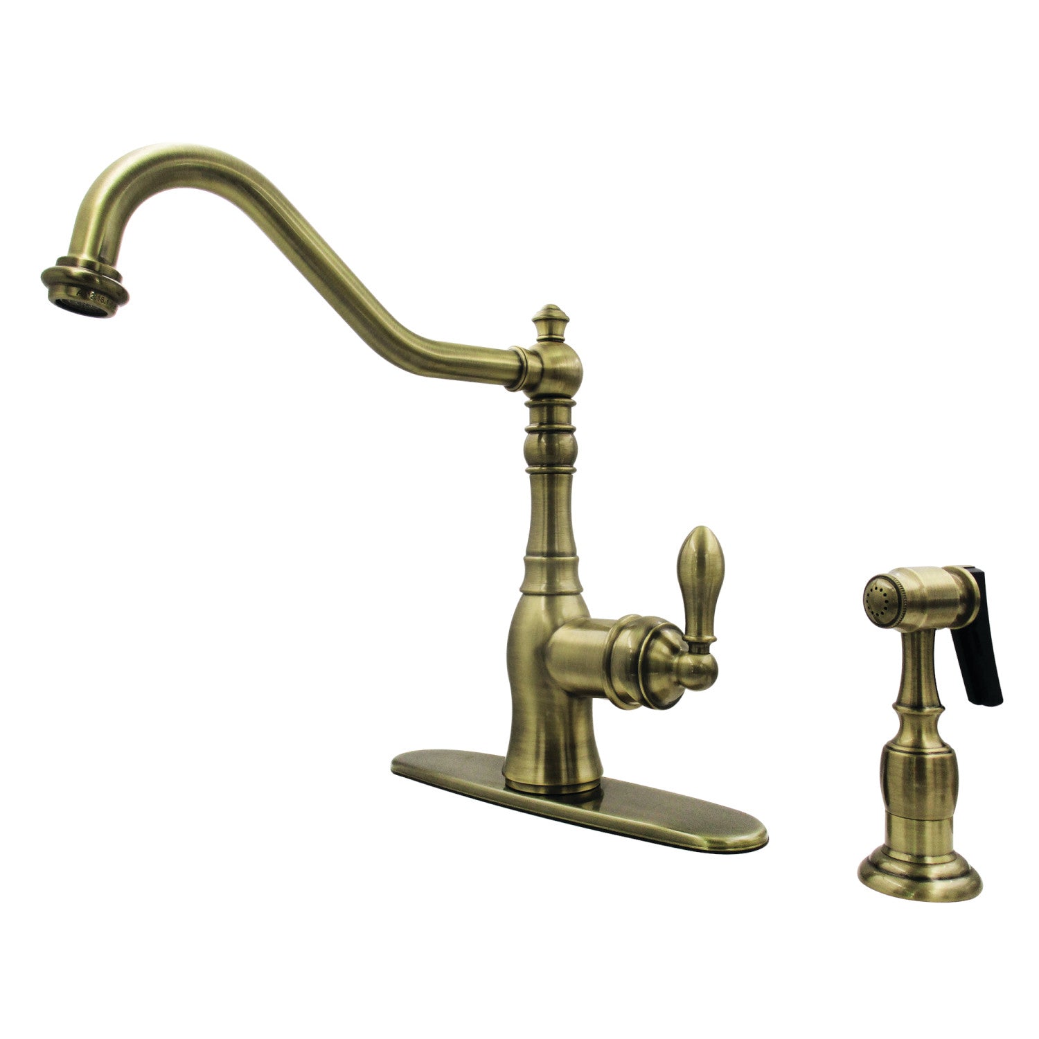 Kingston Heirloom GSY7703ACLBS - Robinet de cuisine américain classique à une poignée 2-or-4 trou montage sur plage avec pulvérisateur latéral en laiton, laiton antique