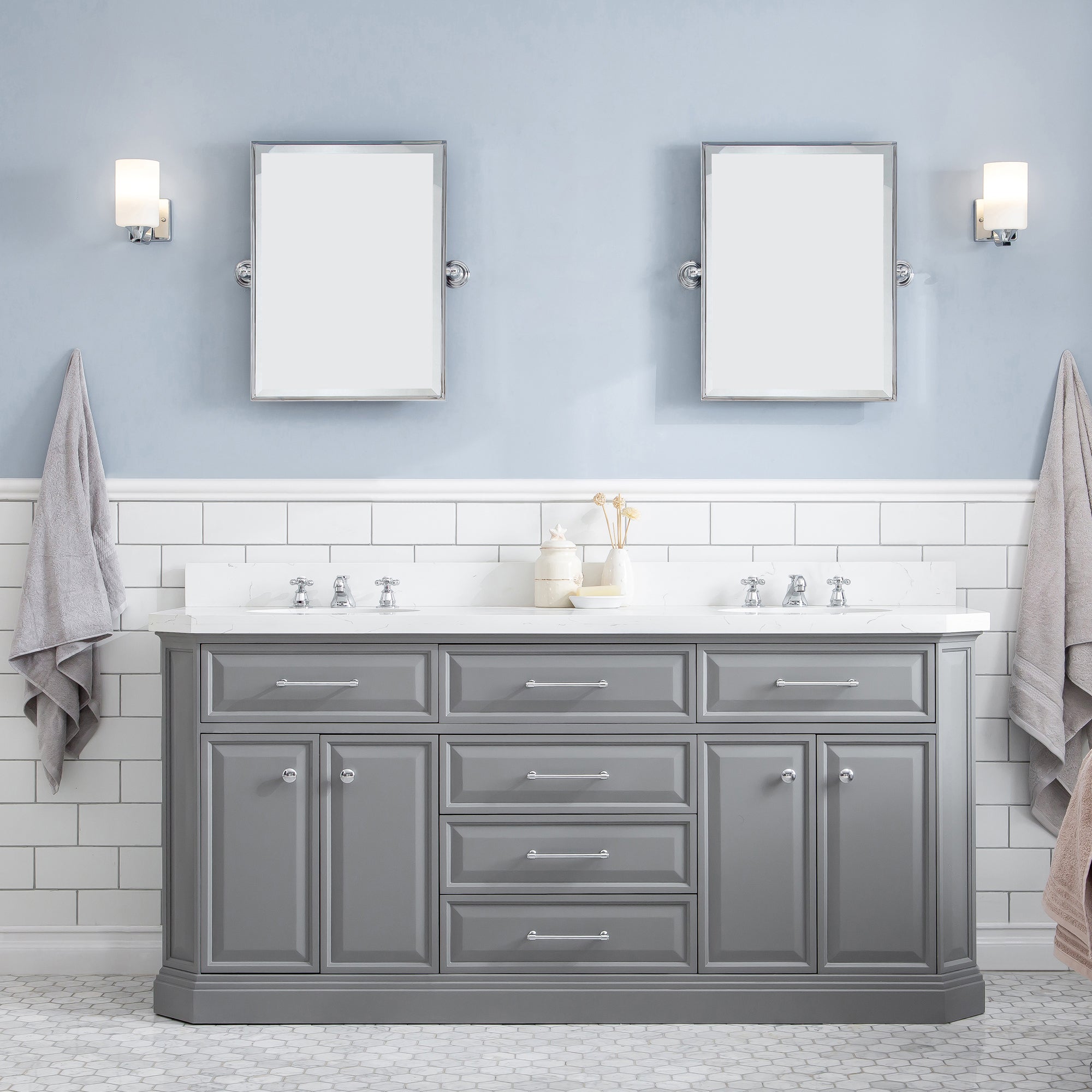 Kingston Luxe PA72QZ01CG - 72 in. x 22 in. Bathroom Vanity Quartz Top and White Basin, Cashmere Grey