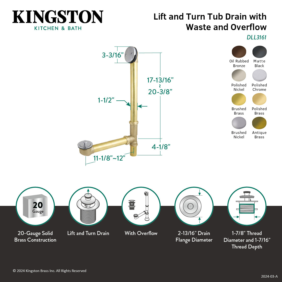 Kingston Heirloom DLL3161 - Made To Match 21-Inch Brass Lift and Turn Tub Waste and Overflow, Polished Chrome