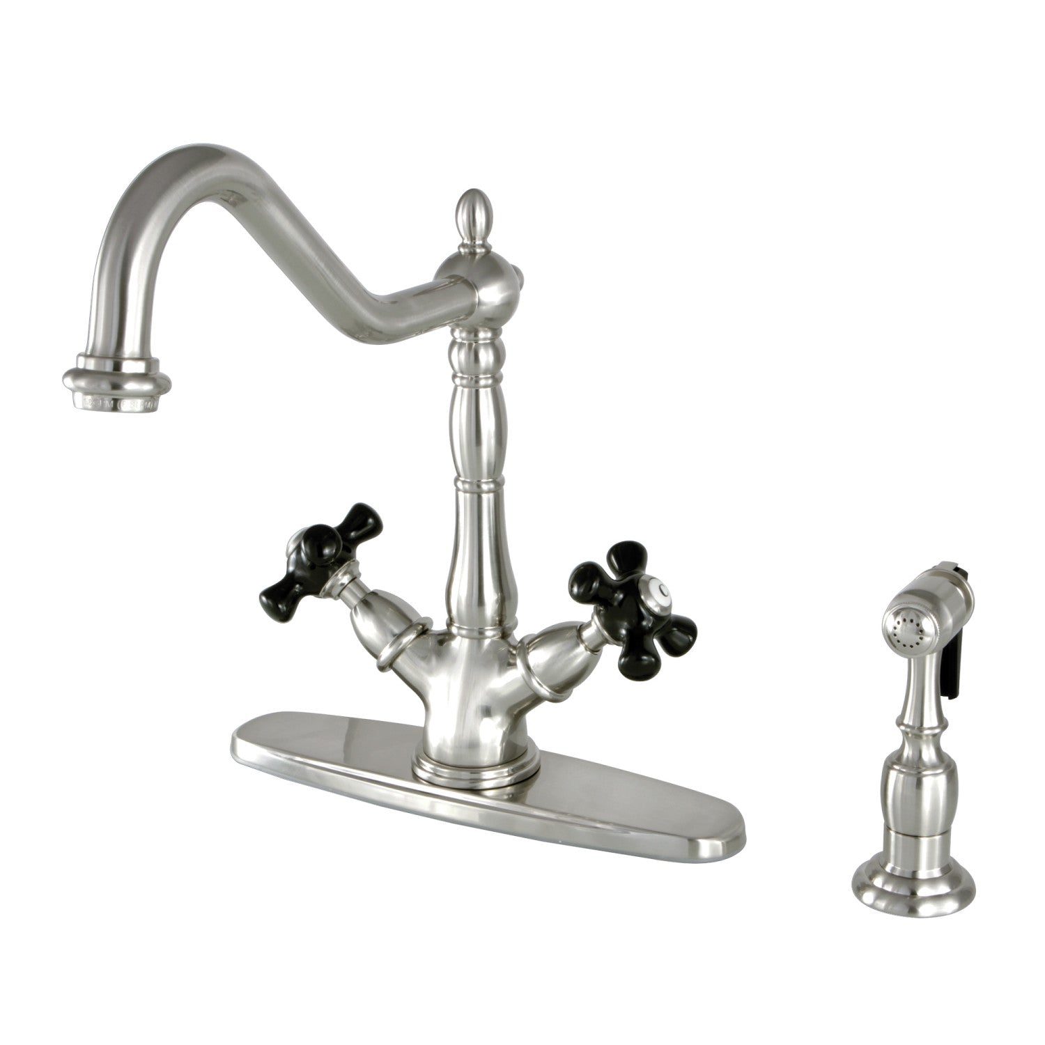 Kingston Heirloom KS1238PKXBS - Robinet de cuisine à deux poignées 2-or-4 avec pulvérisateur en laiton, nickel brossé