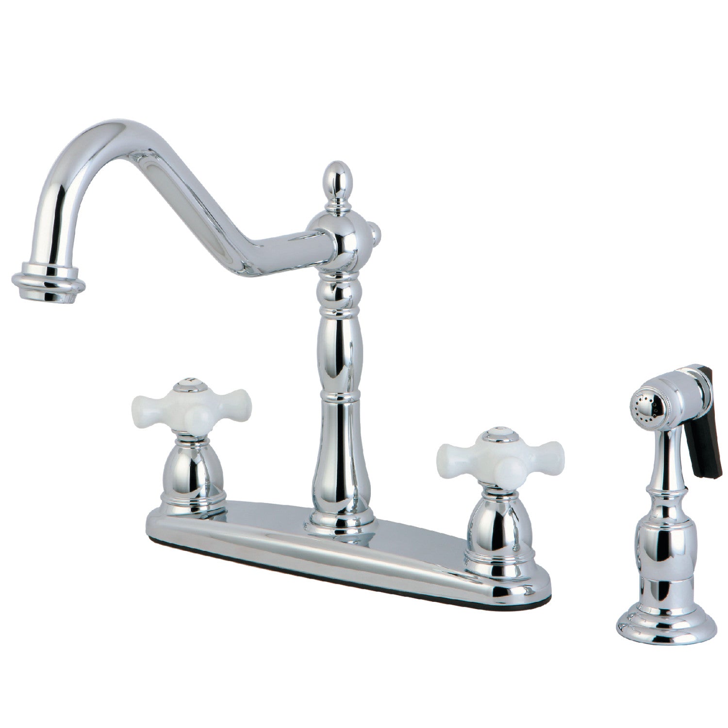 Kingston Heirloom KB1751PXBS - Robinet de cuisine central à deux poignées Heritage 4 trous 8" avec pulvérisateur en laiton, chrome poli