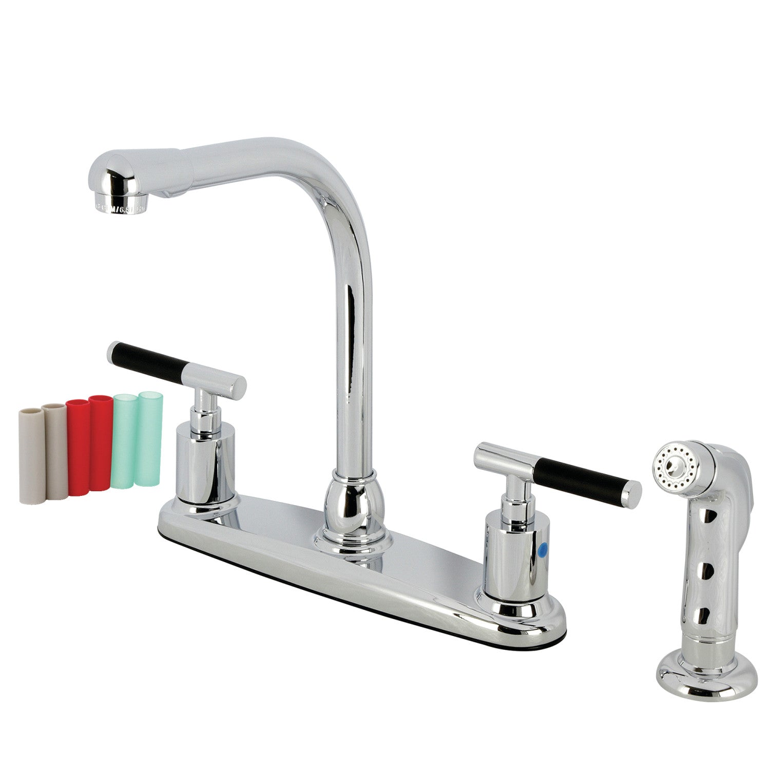 Kingston Tulare FB751CKLSP - Robinet de cuisine central à deux poignées Kaiser 4 trous 8" avec pulvérisateur latéral, chrome poli