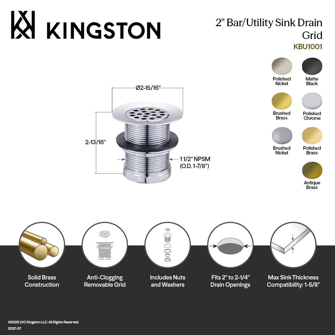 Kingston Tulare KBU1007 - Seattle 2-Inch Brass Grid Bar/Utility Sink Basket Strainer, Brushed Brass