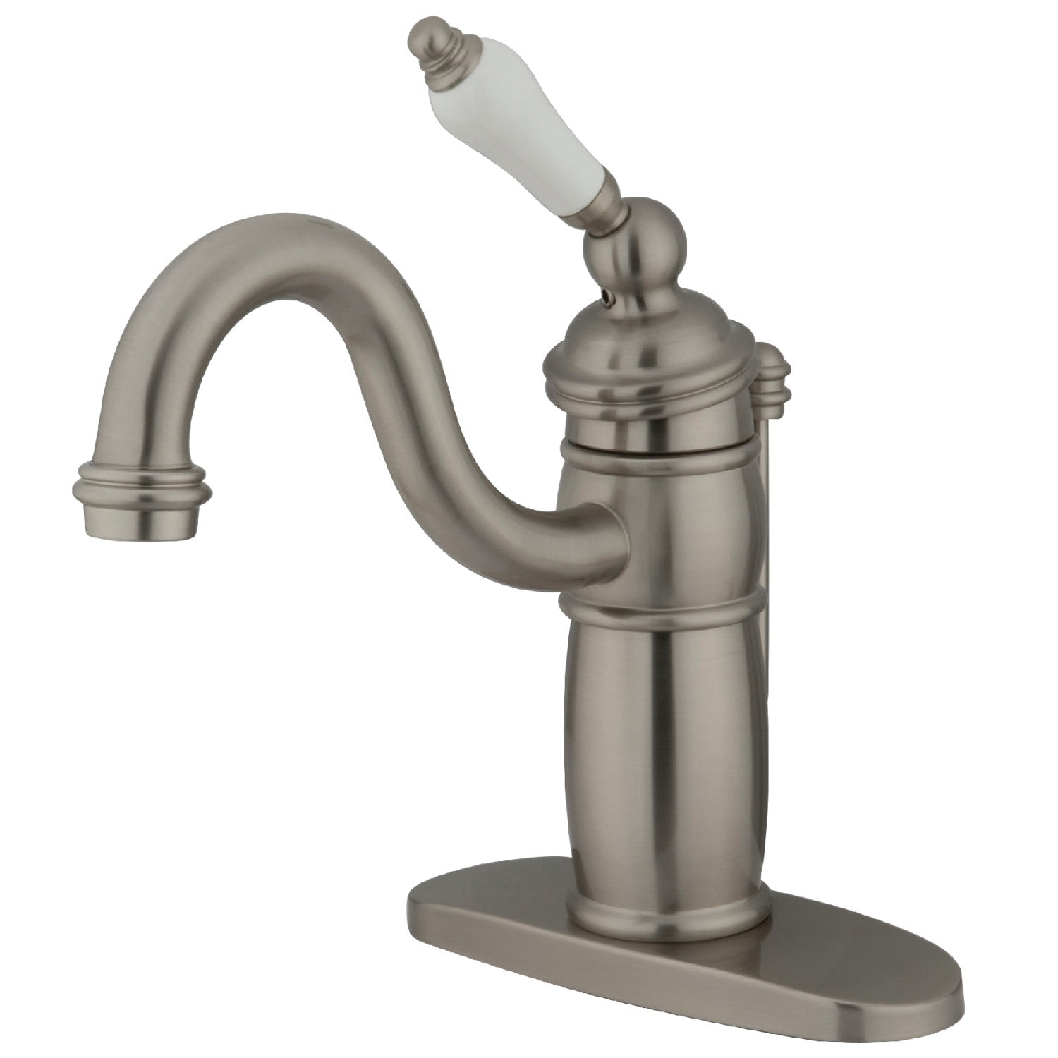 Kingston Heirloom KB1408PL - Robinet de salle de bains à une poignée victorienne 1 trou avec plaque de pont et drain à tirette, nickel brossé