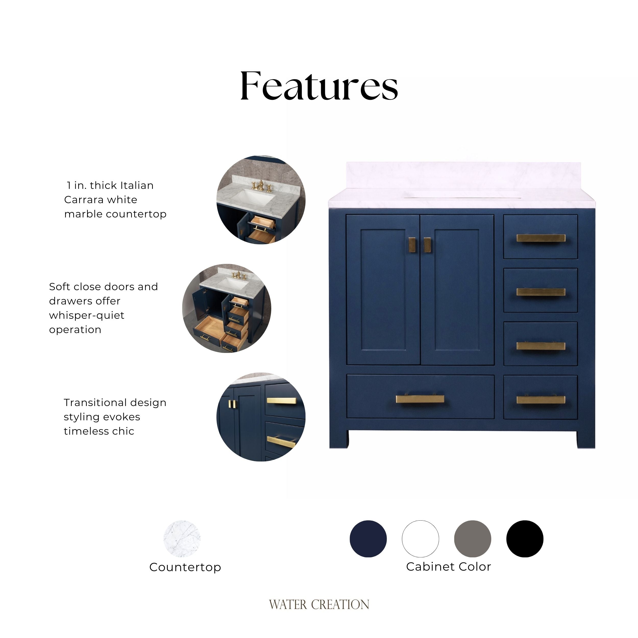 Kingston Luxe MS36CW06MB - 36 in. x 21.5 in. Bathroom Vanity Marble Top in Carrara White and White Basin, Monarch Blue