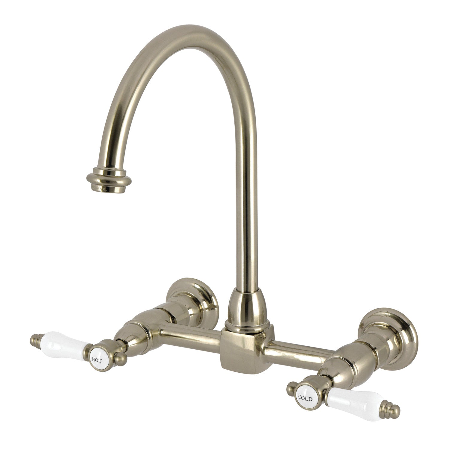 Kingston Tulare KS1298BPL - Robinet de cuisine Bel-Air à deux poignées 2 trous Wall Mount Bridge, nickel brossé