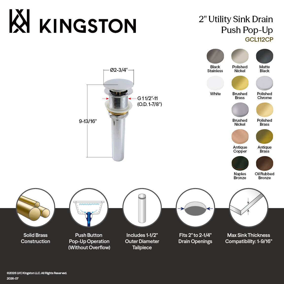 Kingston Sona GCL112PN - Trimscape Brass Pop Up Drain for Cast Iron Utility Sink, Polished Nickel
