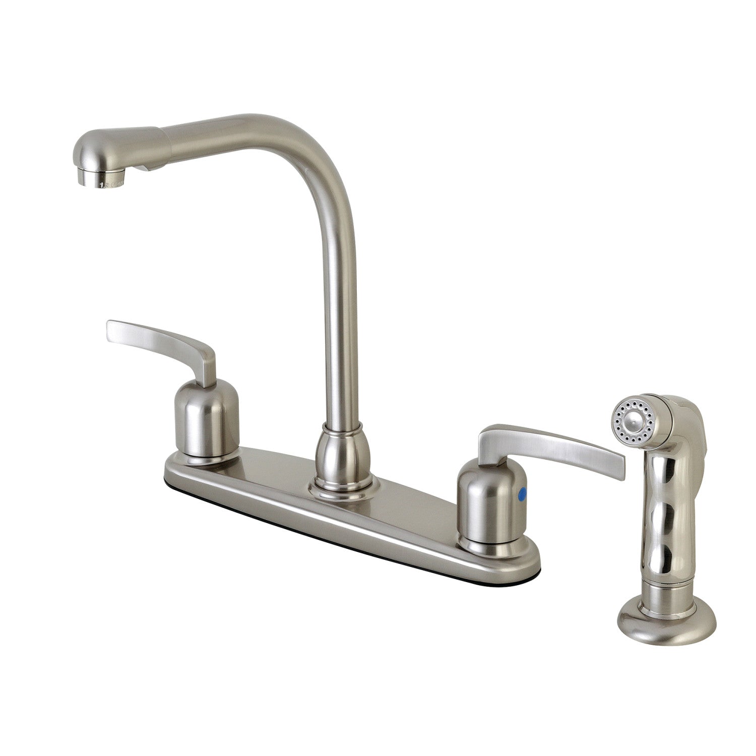 Kingston Tulare FB758EFLSP - Centurion à deux poignées 4 trous 8" robinet de cuisine avec pulvérisateur latéral, nickel brossé