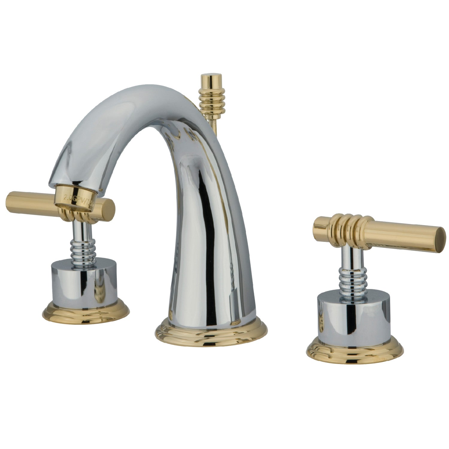 Kingston Tulare KS2964ML - Milano Two-Handle 3-Hole Deck Mount Widespread Bathroom Faucet with Brass Pop-Up, Polished Chrome/Polished Brass