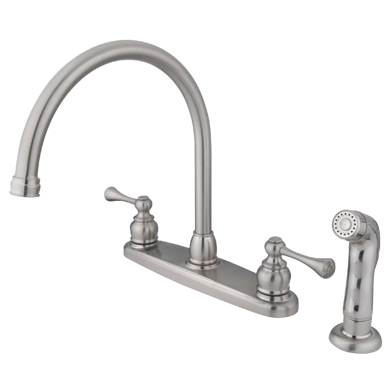 Kingston Tulare KB728BLSP - Robinet de cuisine à deux poignées vintage 4 trous 8" avec pulvérisateur latéral, nickel brossé