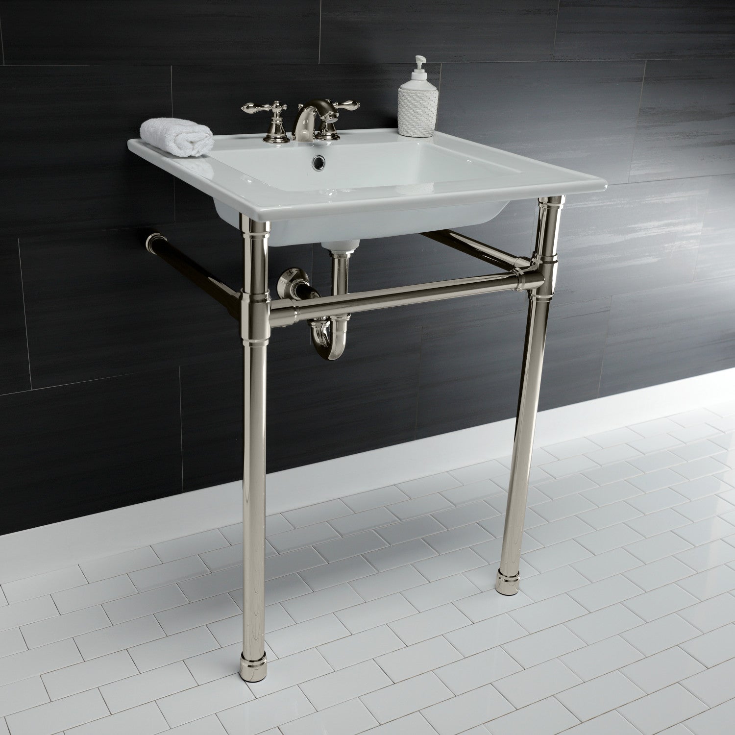 Kingston Tulare KVPB25227W46 - Dreyfuss 25-Inch Ceramic Console Sink with Stainless Steel Legs (4-Inch, 3-Hole), White/Polished Nickel