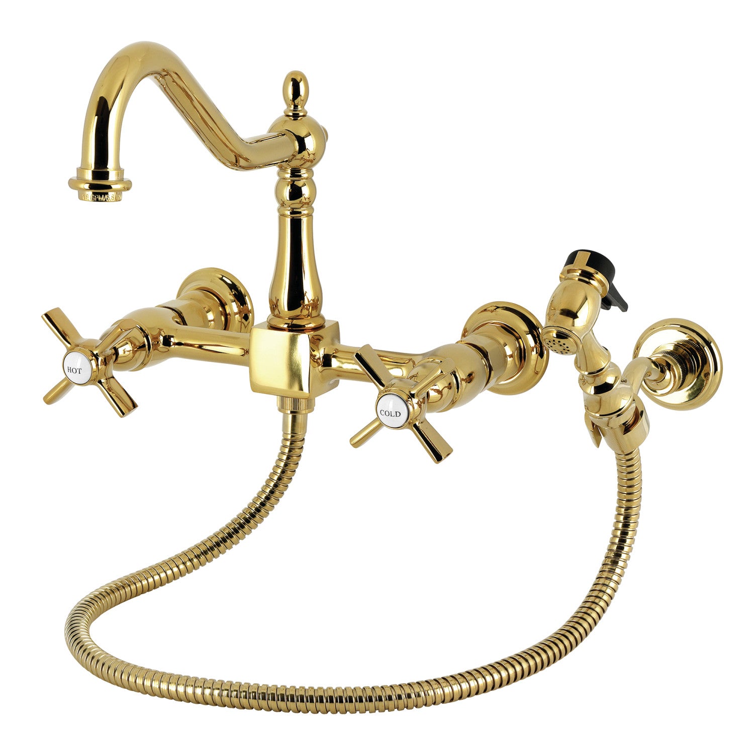 Kingston Heirloom KS1242ZXBS - Robinet de cuisine à double poignée Millennium 3 trous Wall Mount Bridge avec pulvérisateur en laiton, laiton poli