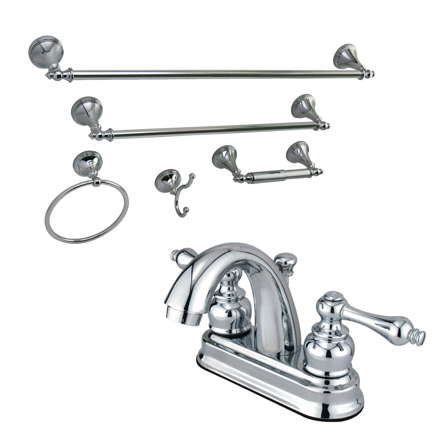 Kingston Heirloom KBK5611AL Double-Handle 3 trous montage sur plage 4-Inch Centerset Robinet de salle de bains avec kit d'accessoires de salle de bains 5-Piece, chrome poli