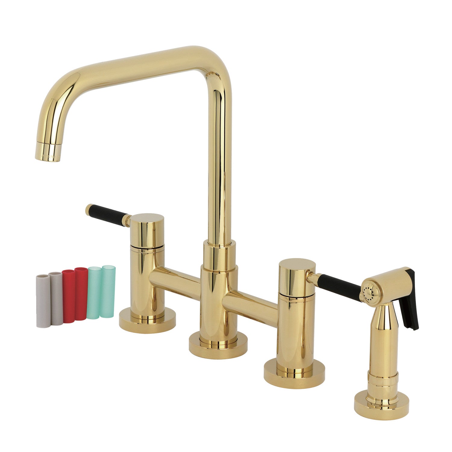 Kingston Sona KS8282DKLBS - Robinet de cuisine à deux poignées Kaiser 4 trous Mount Bridge avec pulvérisateur en laiton, laiton poli