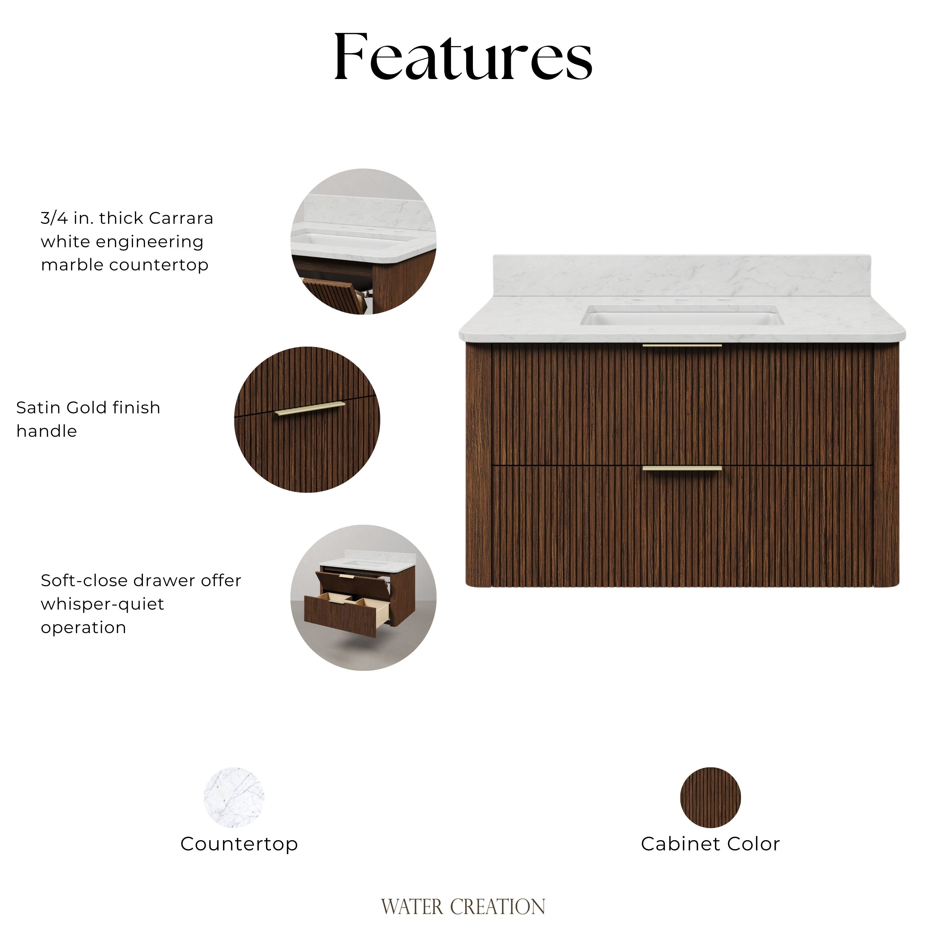 Kingston Luxe EU36EM00TO - 36 in. x 22 in. Bathroom Vanity Single Sink Freestanding with Carrara White Engineered Stone Top, Truffle Oak