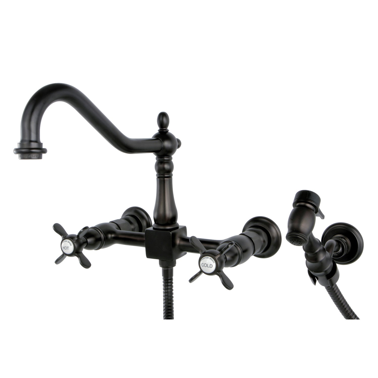 Kingston Heirloom KS1245BEXBS - Robinet de cuisine à deux poignées 3 trous Wall Mount Bridge avec pulvérisateur en laiton, bronze frotté à l'huile