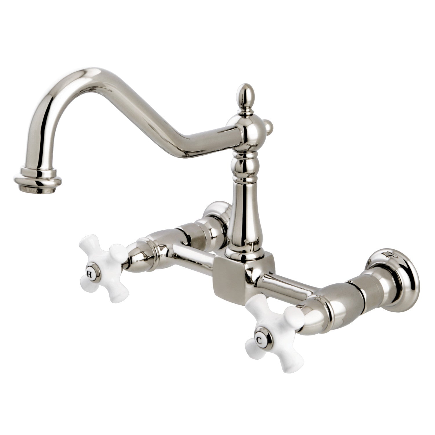 Kingston Heirloom KS1246PX - Robinet de cuisine à deux poignées Heritage 2 trous Wall Mount Bridge, nickel poli