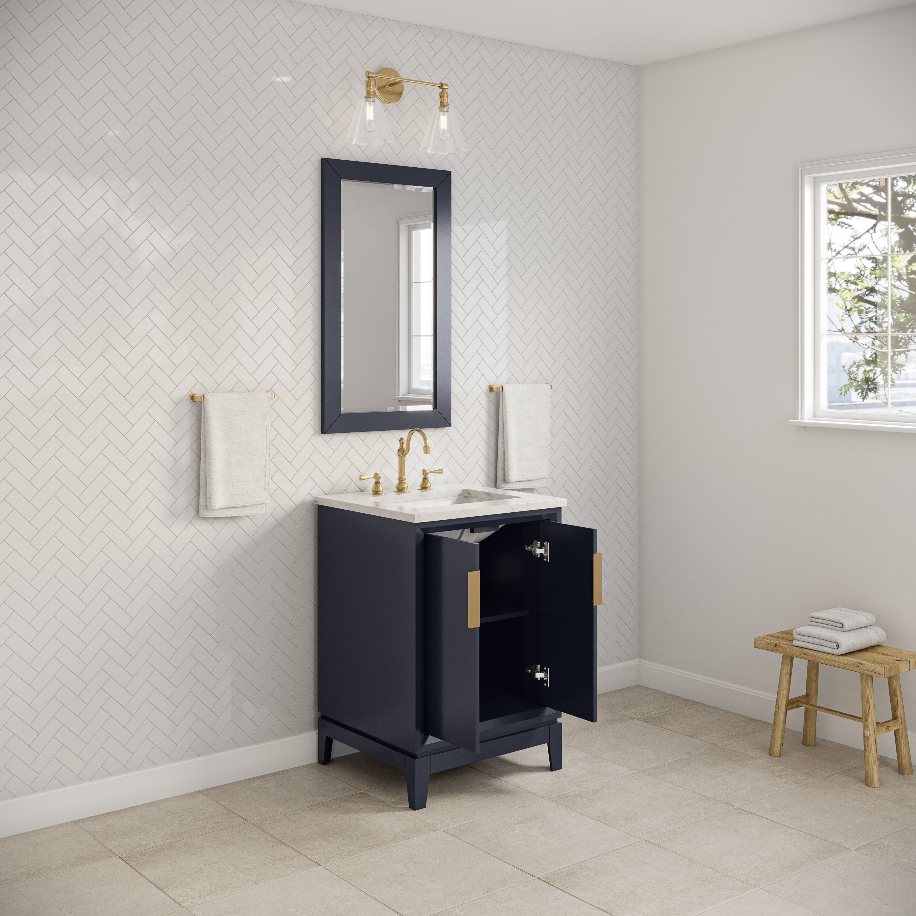 Kingston Luxe EL24CW06MB - 24 in. x 22 in. Bathroom Vanity Carrara White Marble Top, Monarch Blue