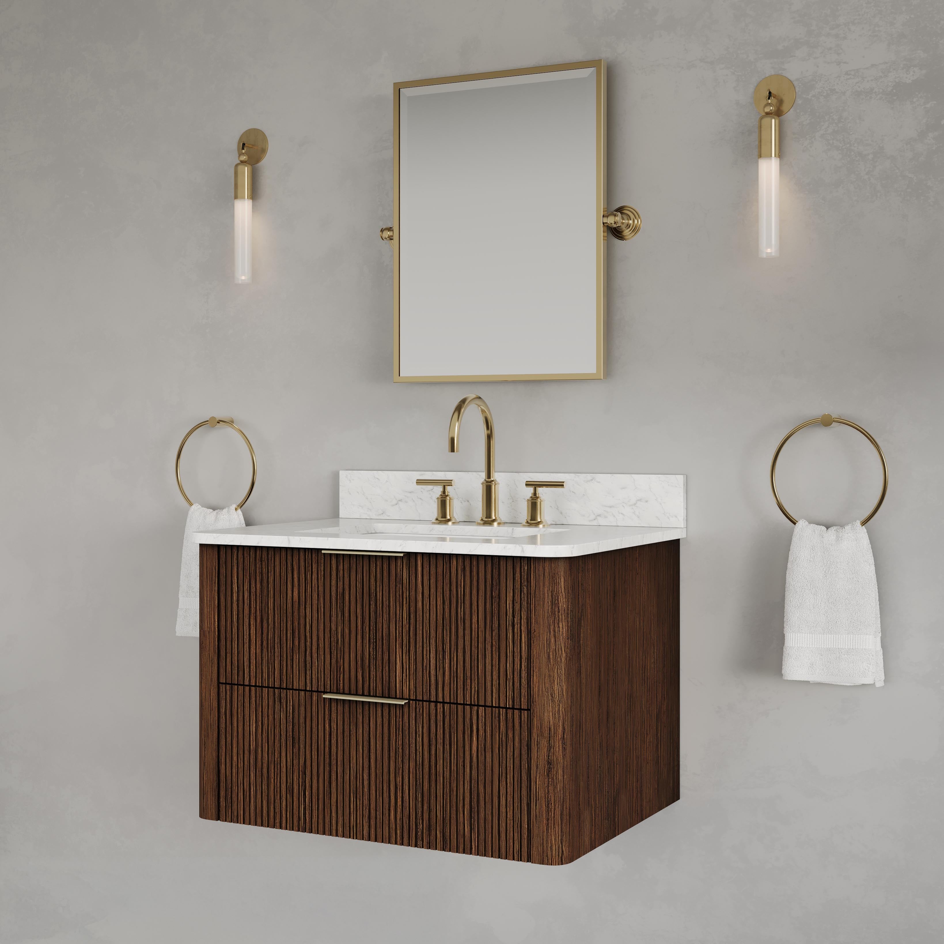 Kingston Luxe EU30EM00TO - 30 in. x 22 in. Bathroom Vanity Single Sink Freestanding with Carrara White Engineered Stone Top, Truffle Oak