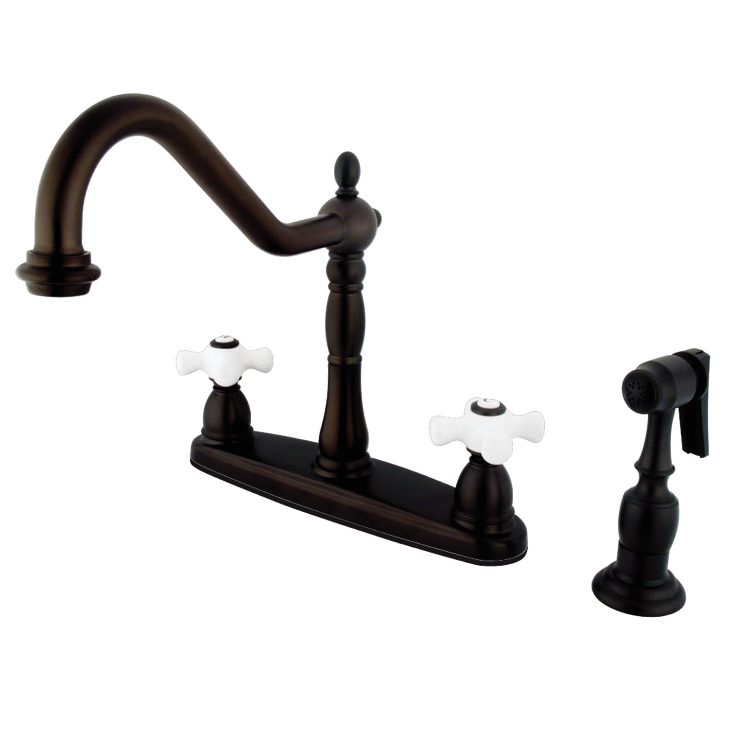 Kingston Heirloom KB1755PXBS - Robinet de cuisine central à deux poignées Heritage 4 trous 8" avec pulvérisateur en laiton, bronze huilé